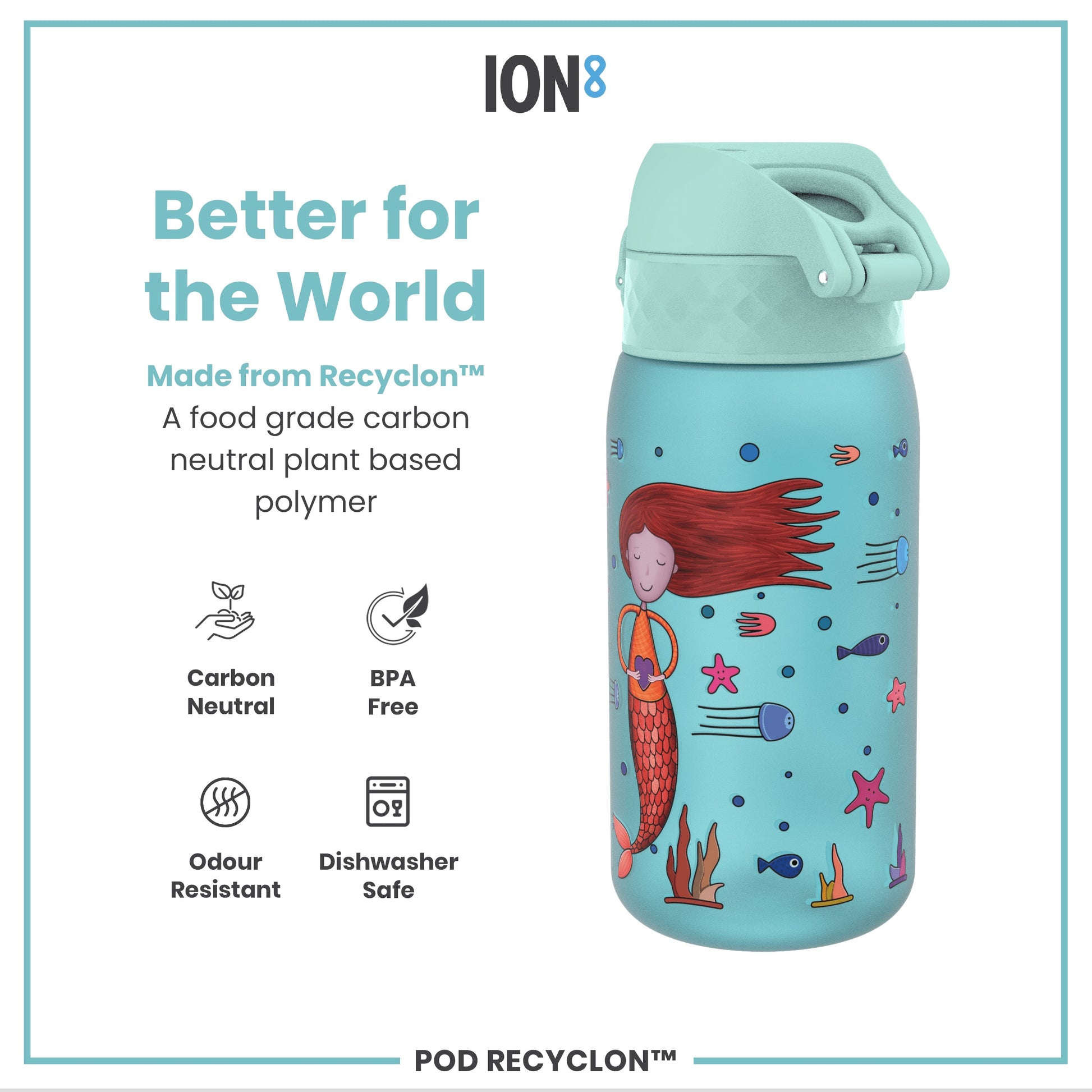 A light-blue water bottle, featuring a mermaid design, sits against a white background; it's made from a plant-based polymer and is BPA free, dishwasher safe, and odour resistant.