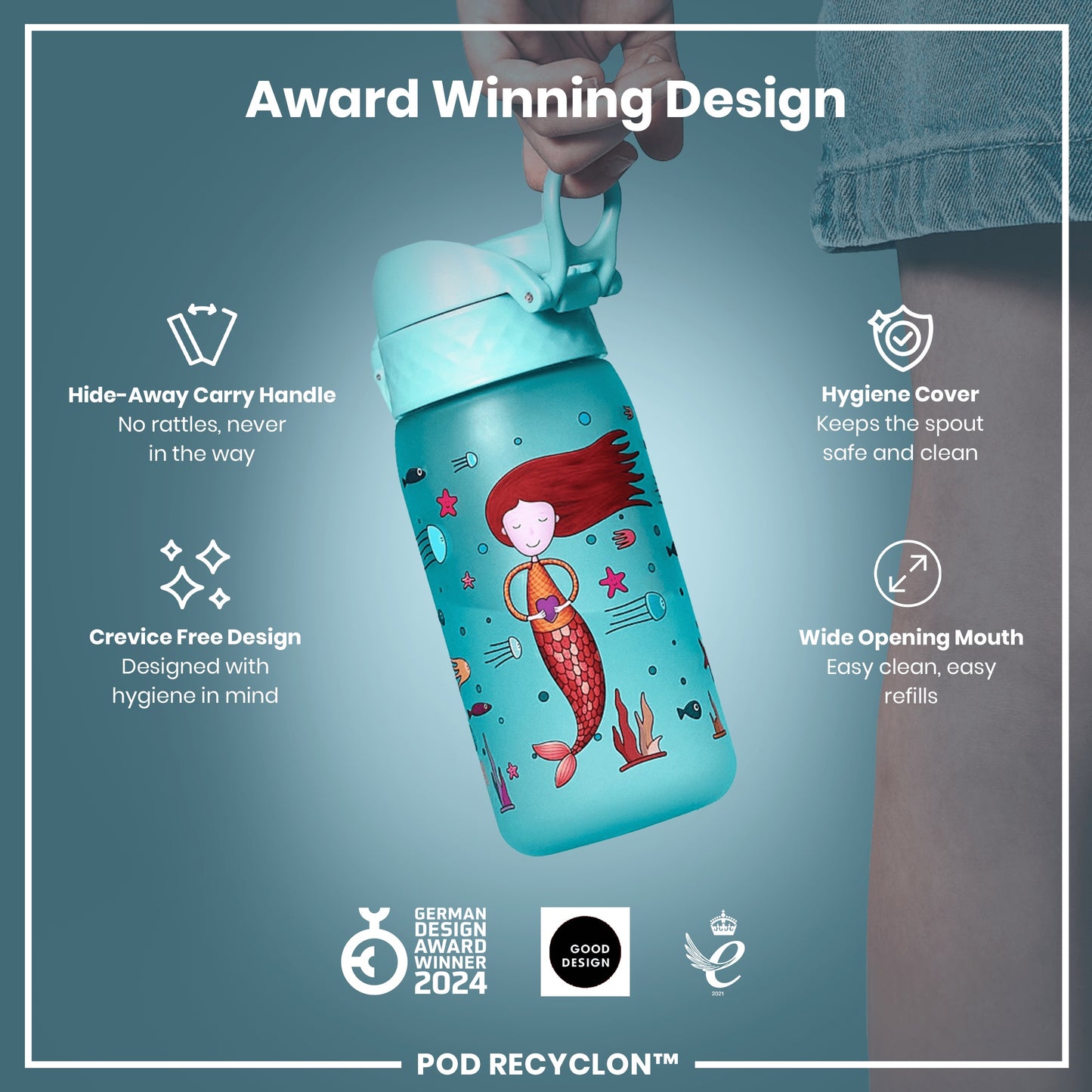 A teal water bottle, featuring a mermaid design, is being held. It has a hide-away handle, a hygiene cover, and a wide mouth. Awards won are displayed.