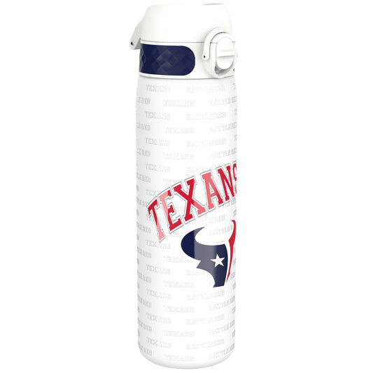 A white water bottle, featuring a repeating pattern of "Texans" and "Battle Red," displays a prominent Texans logo. It sits against a plain white background.