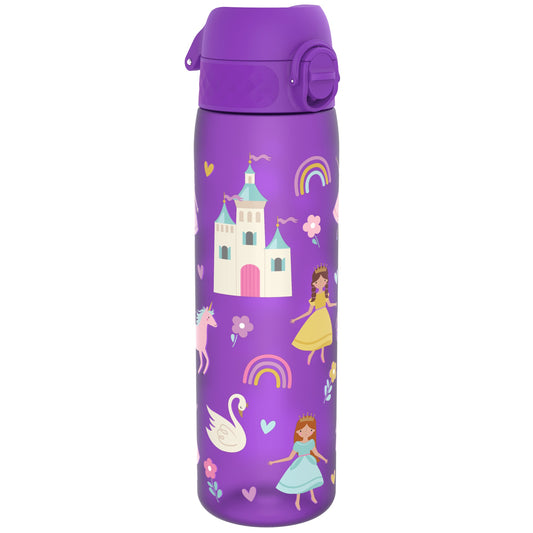 A purple water bottle, featuring a princess, castle, unicorn, and swan design, stands against a white background.