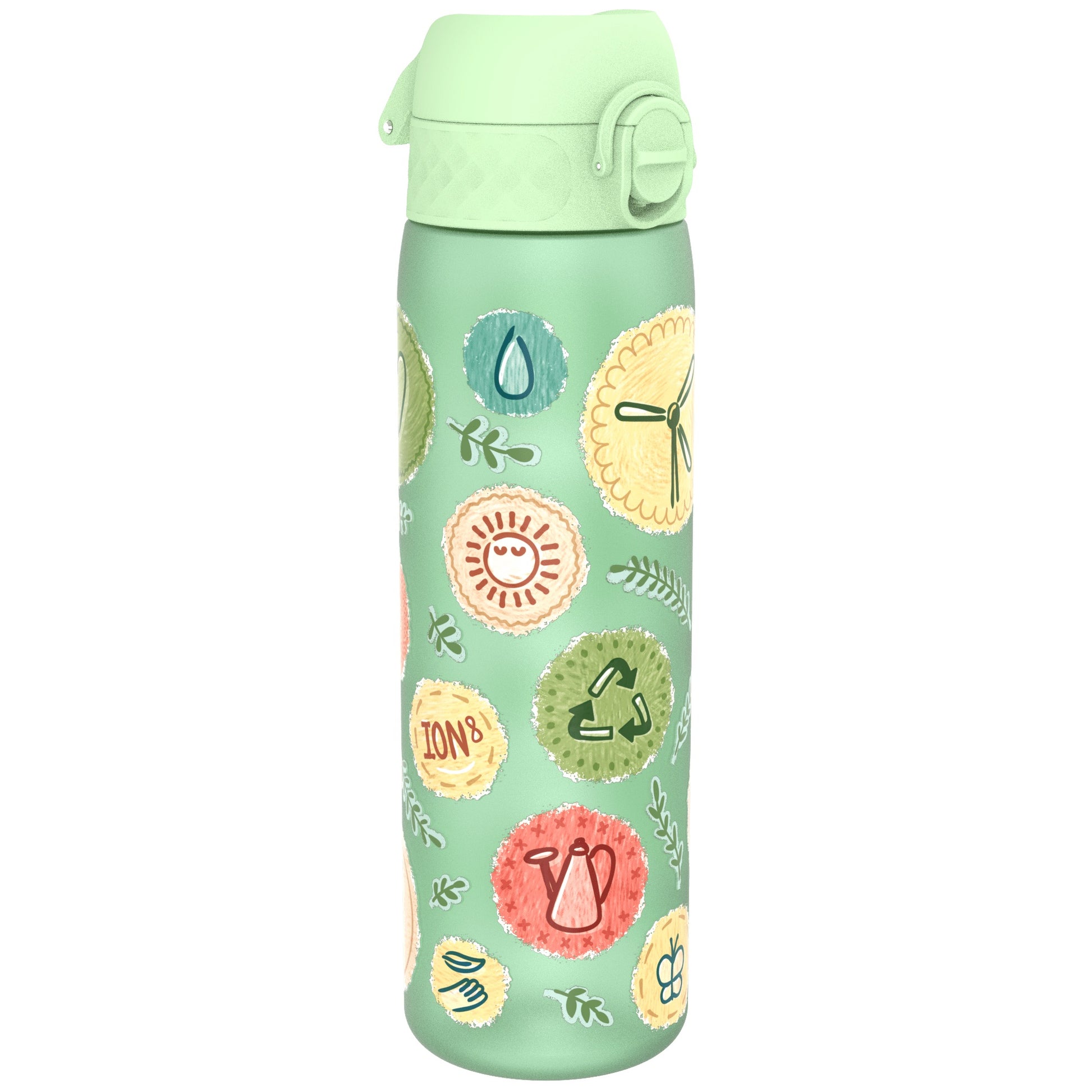 A light green water bottle stands upright, featuring a whimsical nature-themed design including suns, leaves, and recycling symbols. ION8 is visible on one of the illustrated circular patches.