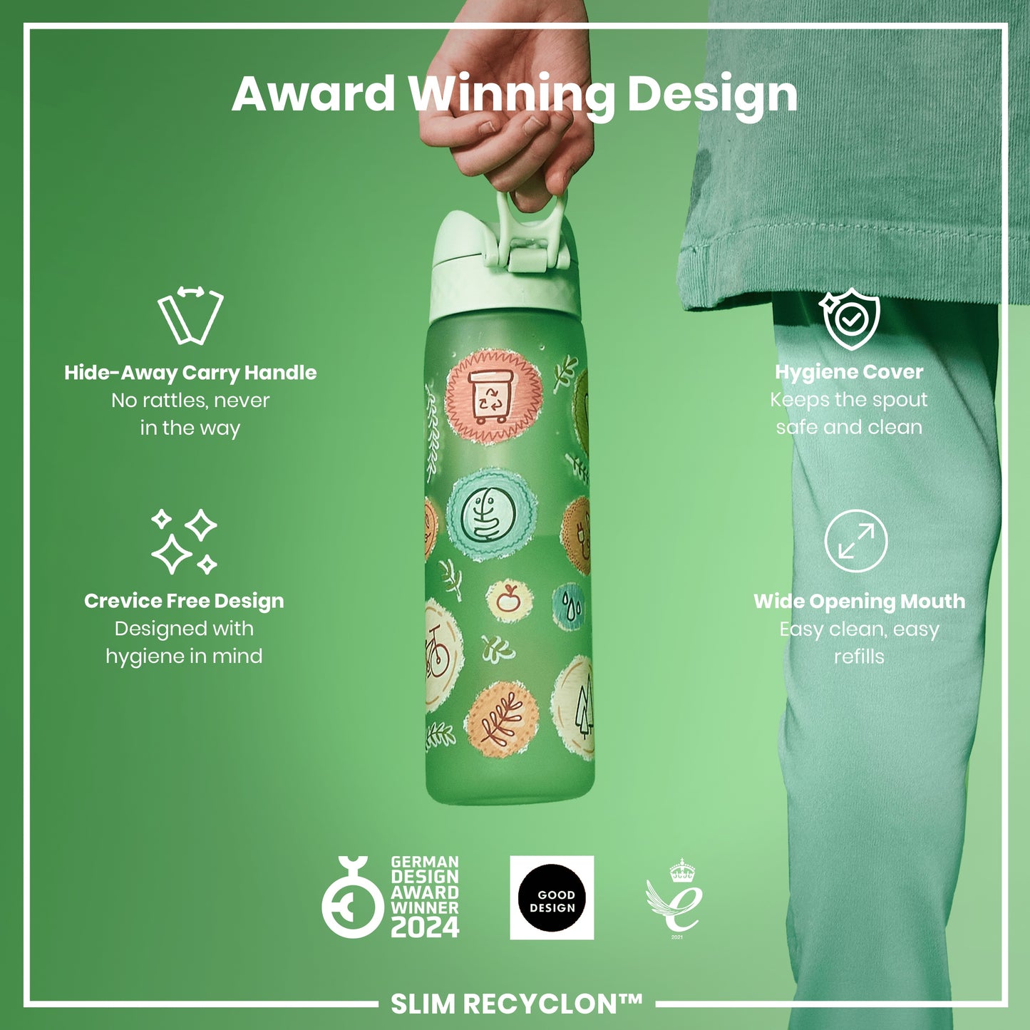 A green water bottle, being held, features a wide mouth, a hide-away handle, and a hygiene cover; it's displayed against a green background with details of its award-winning design. GERMAN DESIGN AWARD WINNER 2024; GOOD DESIGN; 2021.