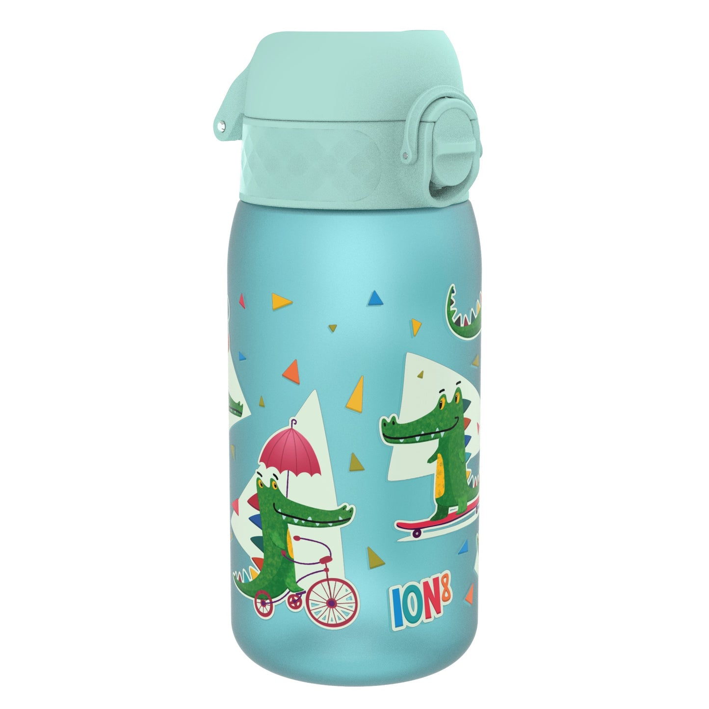A light-blue water bottle, featuring cartoon crocodiles on bicycles and skateboards, sits on a white background. The bottle is capped and says "ION8".