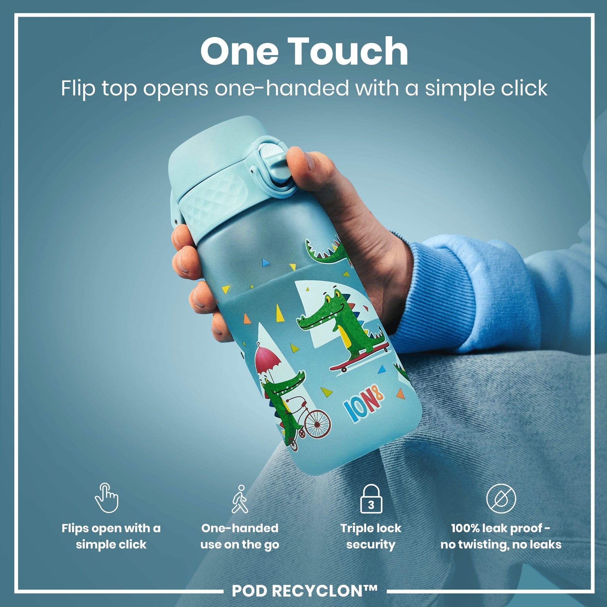 A light-blue water bottle, featuring cartoon crocodiles, is held; its flip top opens with a single click. The bottle's features are highlighted: one-handed use, triple lock security, and 100% leak-proof design. POD RECYCLON™ is also indicated.