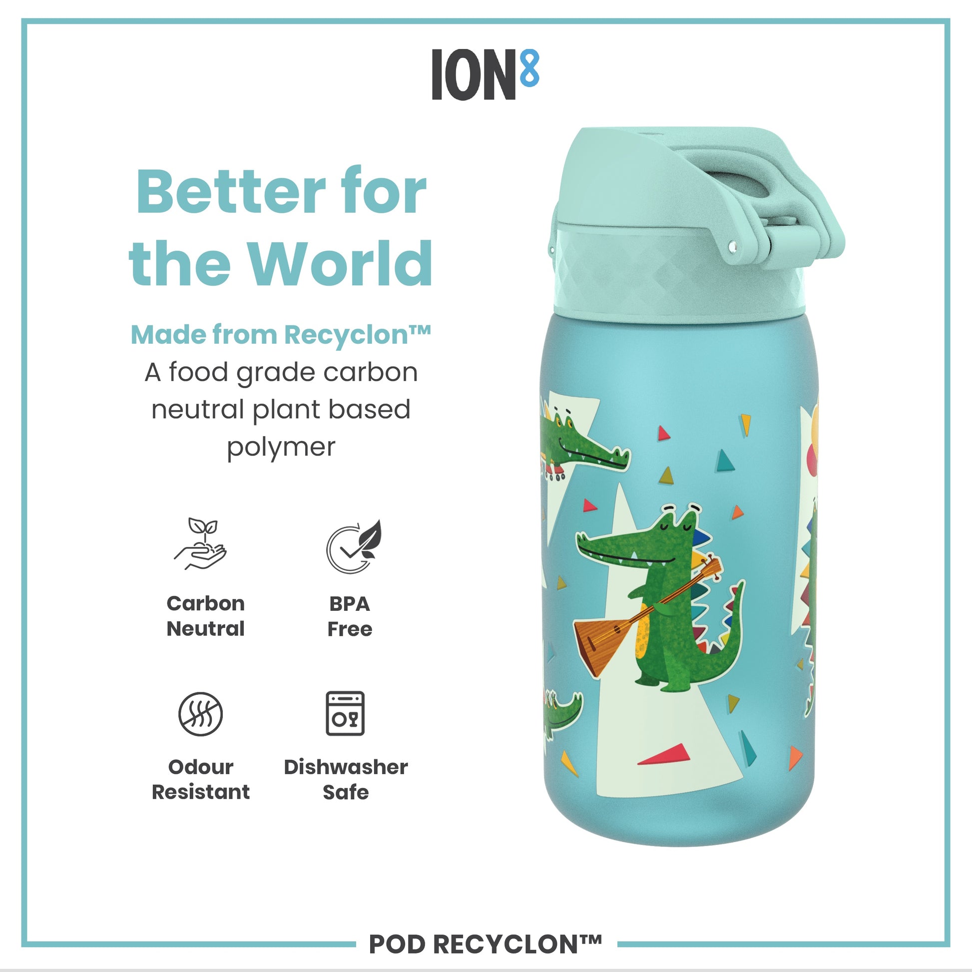 A light-blue water bottle, featuring cartoon crocodiles, sits against a white background. It's made from a plant-based polymer, BPA-free, dishwasher safe, odor resistant, and carbon neutral.