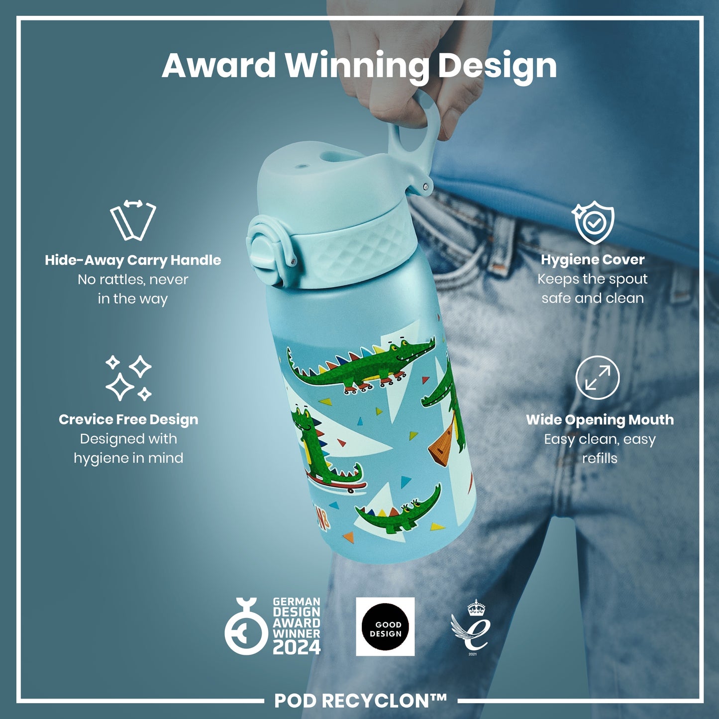 A light-blue children's water bottle, featuring cartoon crocodiles, is being held. Its design includes a hide-away handle, hygiene cover, and wide mouth for easy cleaning and refilling. The bottle is an award-winning design.