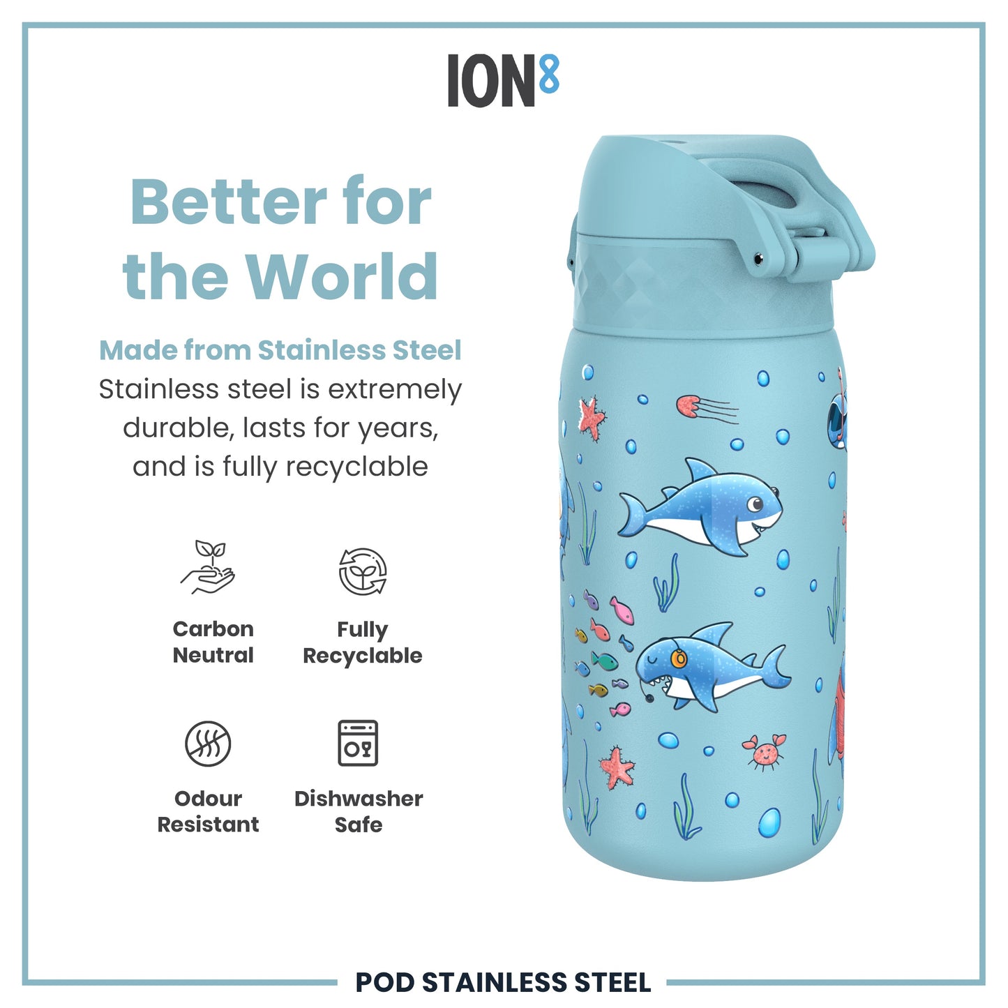 A light-blue stainless steel water bottle, featuring a cartoon ocean design, sits against a white background. The bottle is described as durable, recyclable, carbon neutral, odour resistant and dishwasher safe.