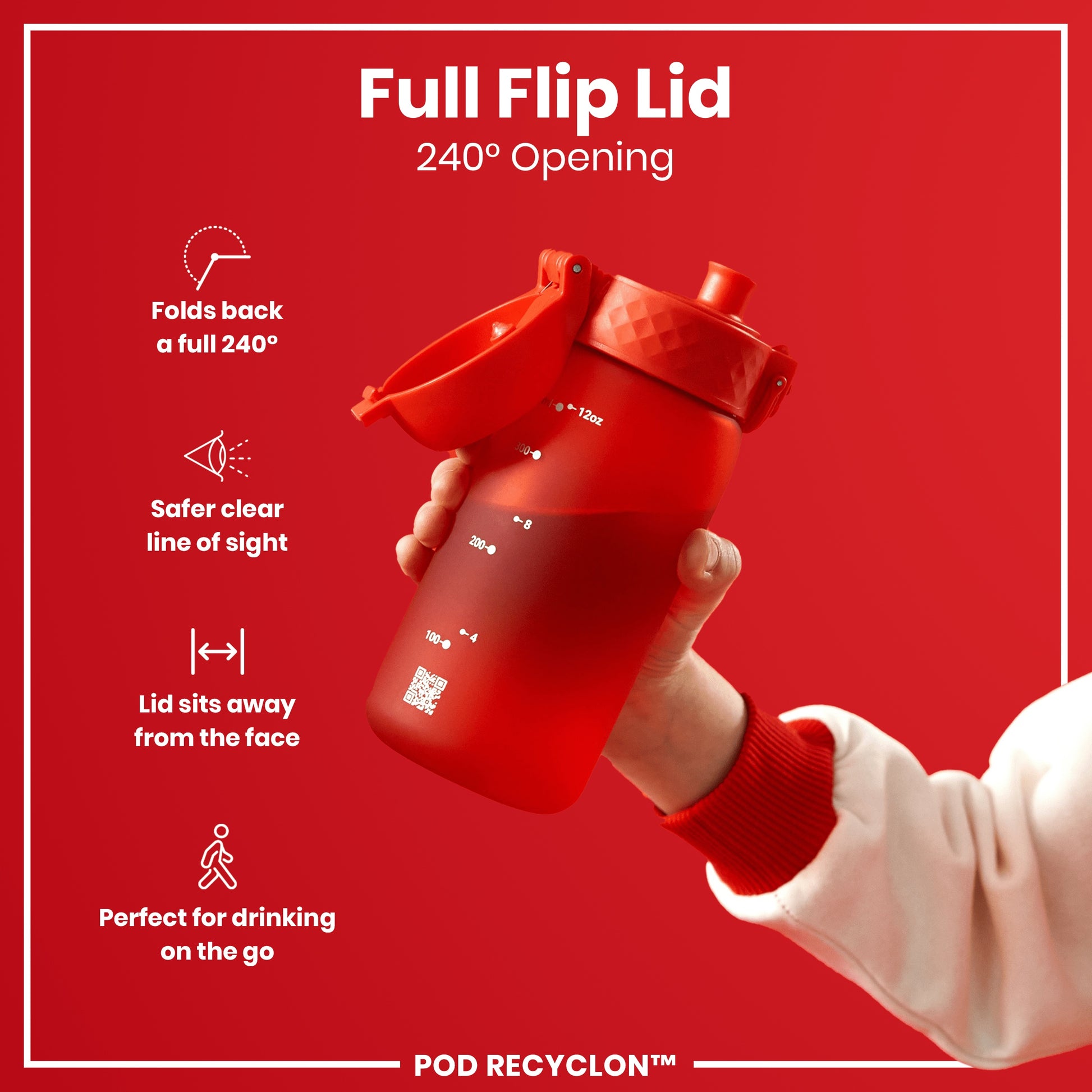 A red water bottle with a flip lid is held; the lid opens 240 degrees, and the bottle is shown against a red background. Full Flip Lid 240° Opening. POD RECYCLON™.