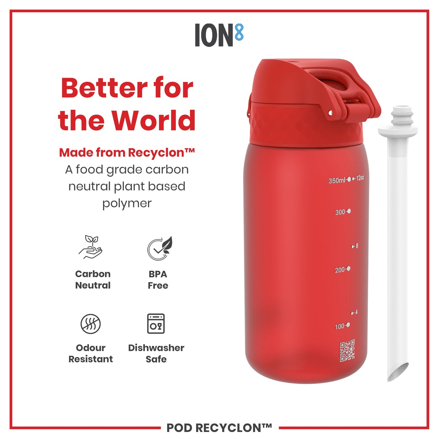 A red water bottle sits on a white background; it is made from a plant-based polymer and is advertised as being better for the world.