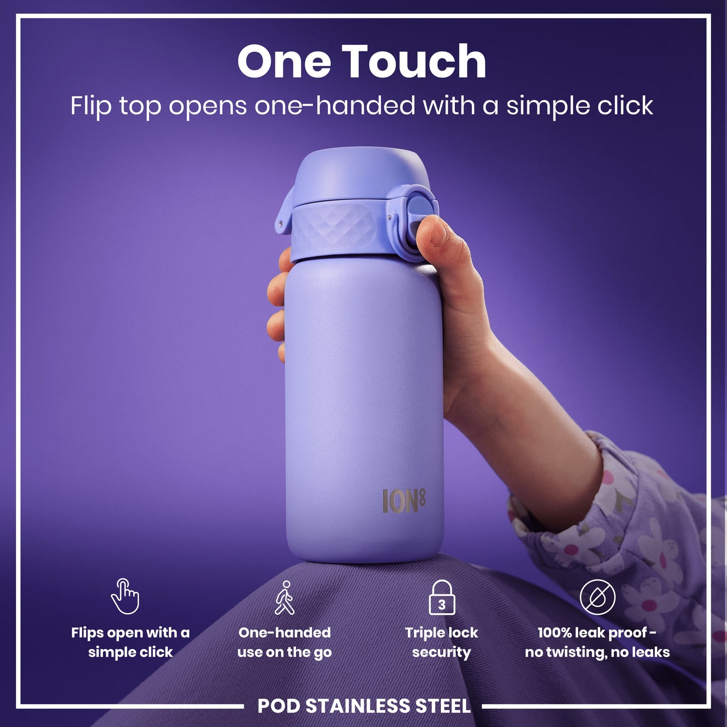 A lavender stainless steel water bottle is being held; its flip top opens with a one-handed click. The bottle features a triple lock security, is leak proof, and is shown against a purple background.