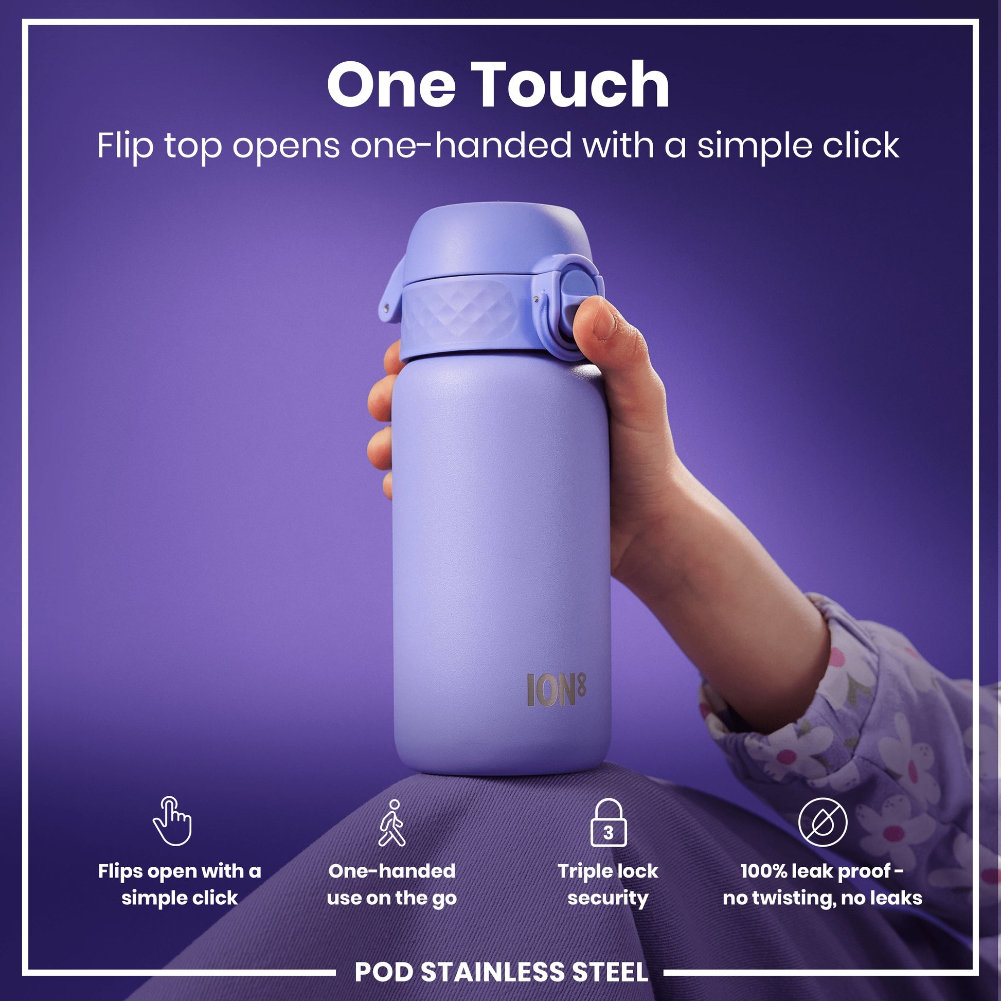 A lavender stainless steel water bottle is being held; its flip top opens with a one-handed click. The bottle features a triple lock security, is leak proof, and is shown against a purple background.