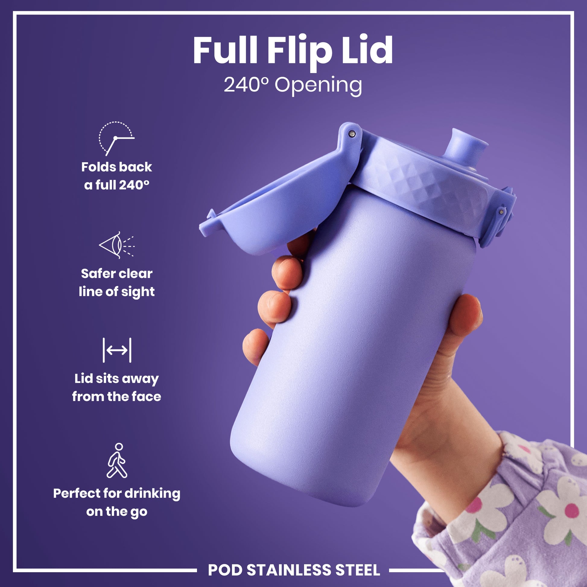 A purple stainless steel water bottle is held; its lid flips open 240 degrees. The bottle's features are highlighted, emphasizing a safer design for on-the-go use.