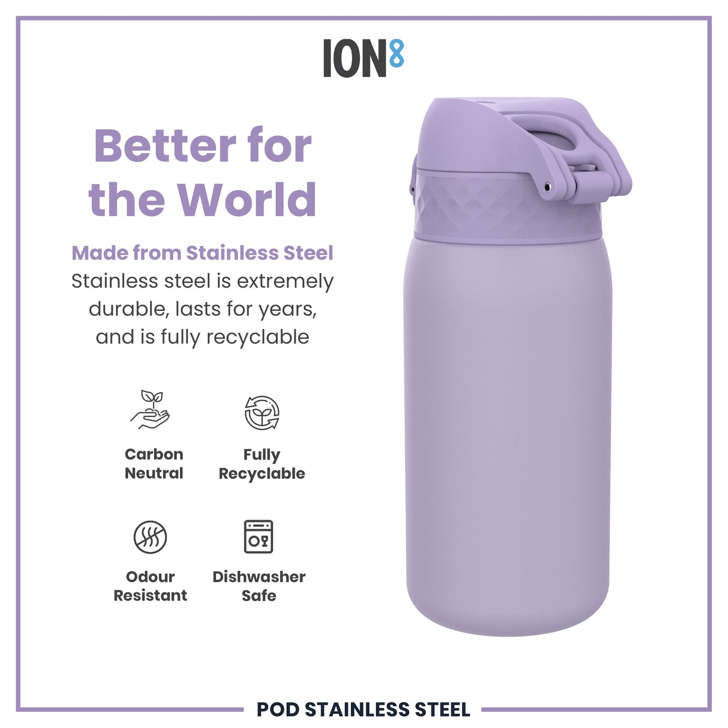 A lavender stainless steel water bottle sits against a white background. The bottle is displayed alongside text advertising its durability, recyclability, and other features.