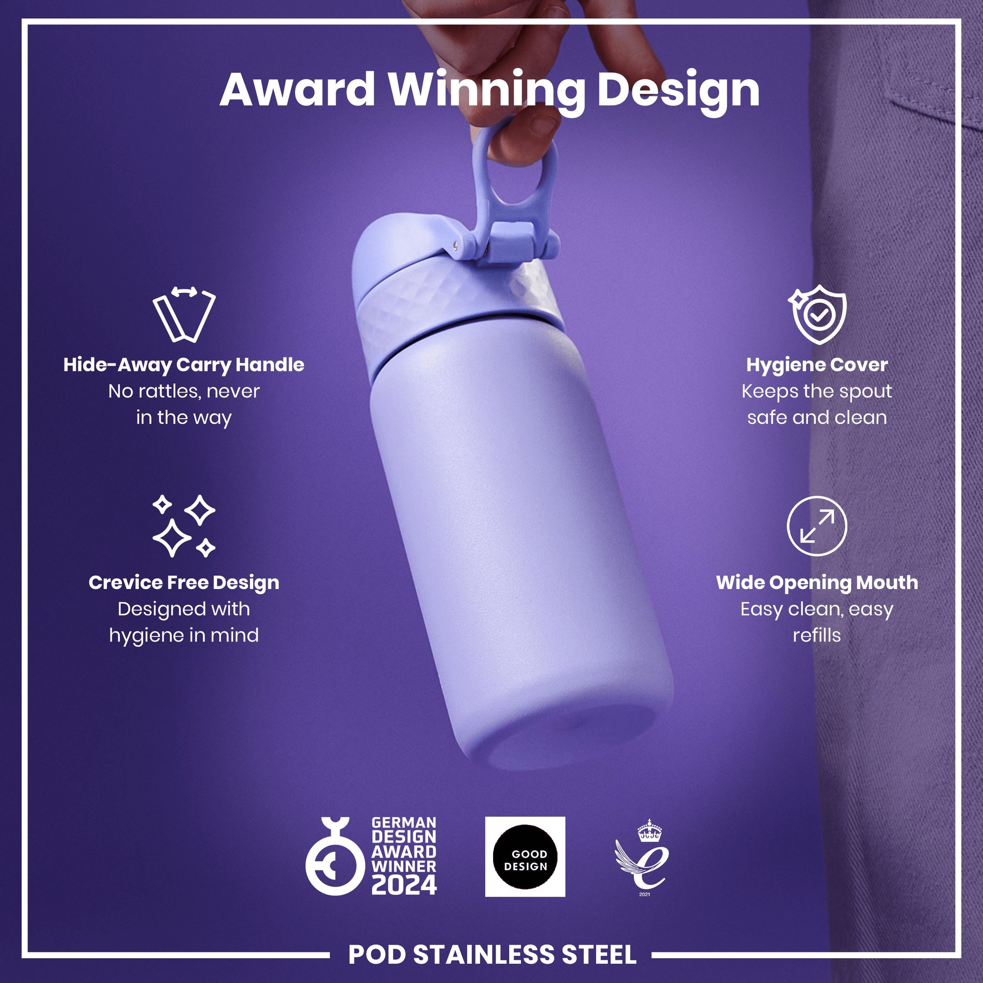 A lavender-colored stainless steel water bottle is being held; it features a hide-away handle, hygiene cover, and wide mouth. The bottle is an award-winning design.