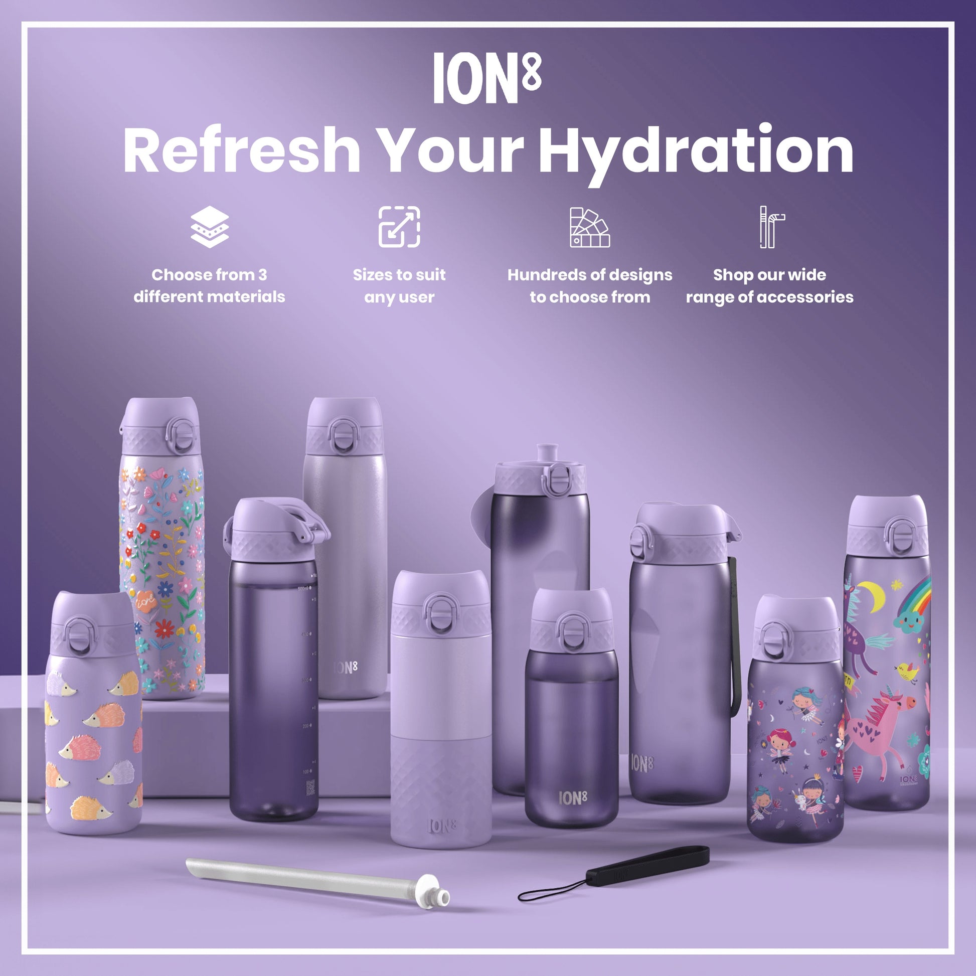 Several purple water bottles, various sizes and designs, are displayed on a purple surface. They showcase different materials and patterns. Accompanying text promotes ION8 hydration products and accessories.