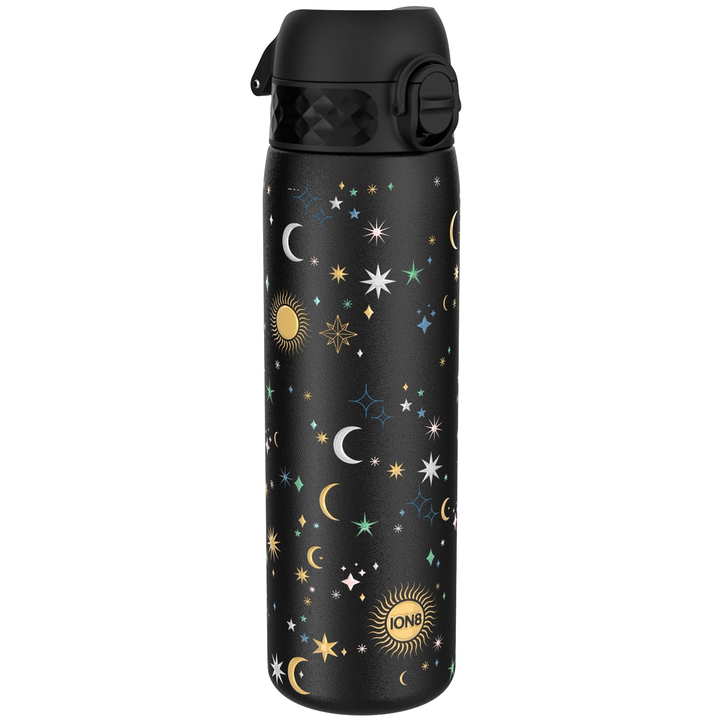A black water bottle, adorned with a celestial pattern of moons, stars, and a sun, stands against a white background. The bottle's cap is black and features a carrying loop. The word "ION8" is visible near the bottom.