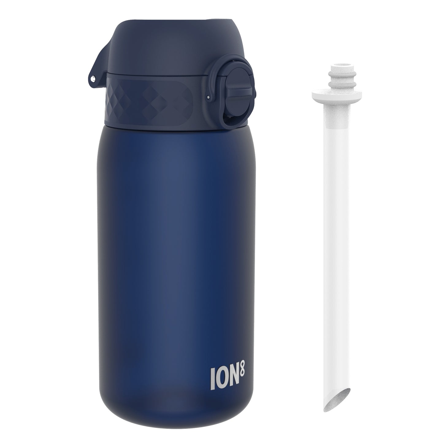 A dark-blue water bottle with a lid and carrying handle sits beside a detached white straw. The bottle is labeled "ION8".