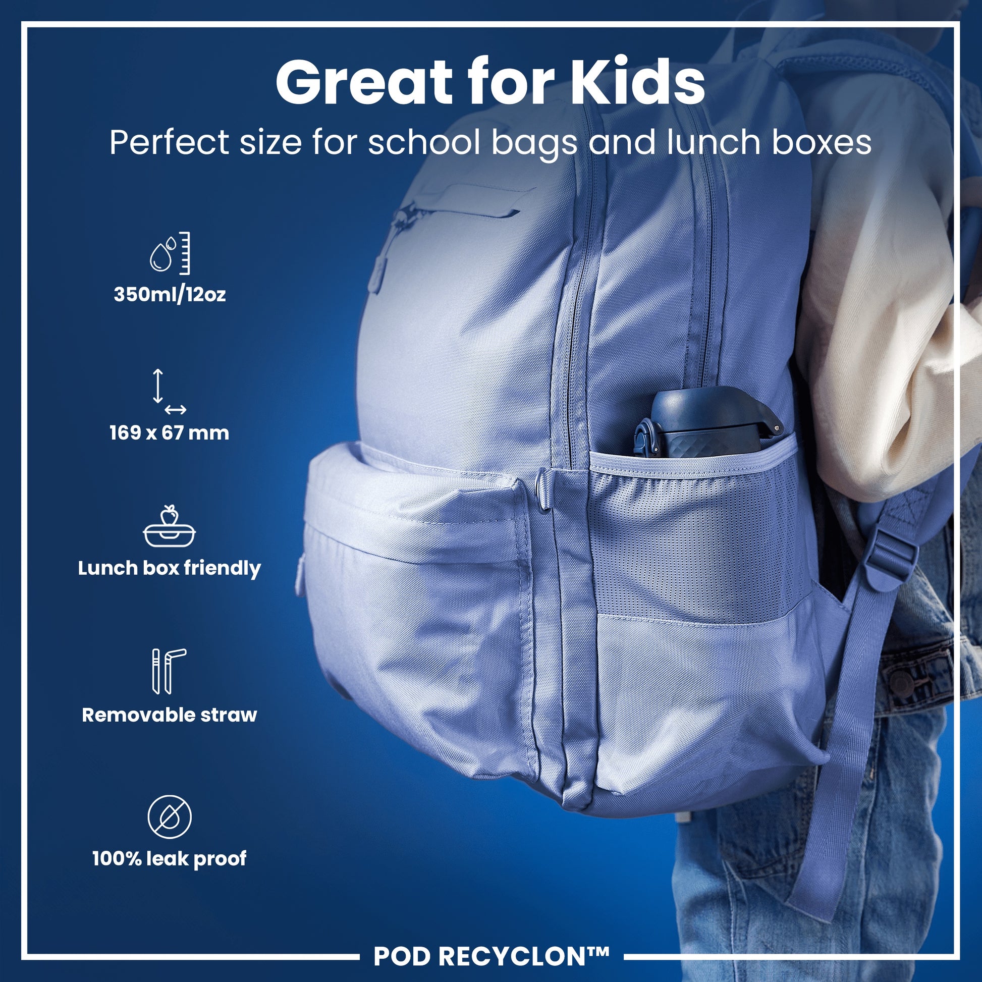 A light-blue backpack, worn by a child, fits school bags and lunch boxes; it has a removable straw and is leakproof (350ml/12oz, 169 x 67mm). POD RECYCLON™