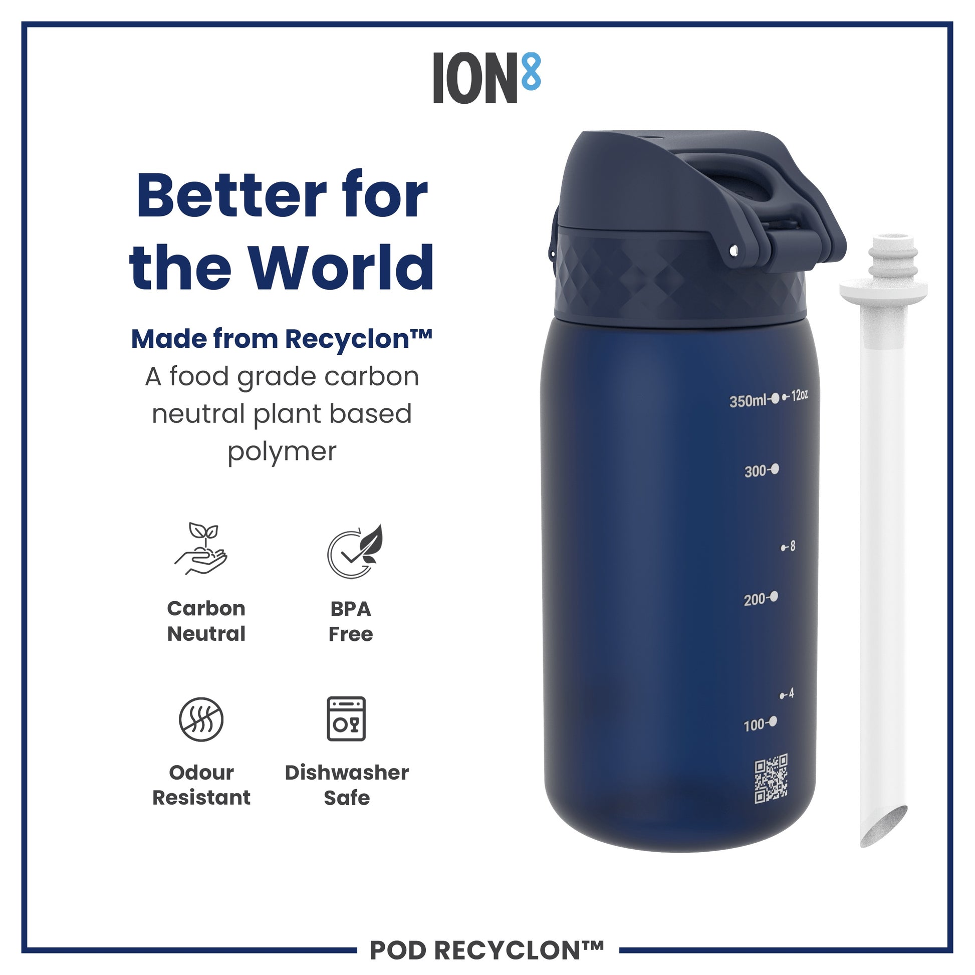 A dark-blue water bottle sits on a white background; it's made from a plant-based polymer, is BPA-free, carbon neutral, odour resistant, and dishwasher safe. The bottle displays volume markings and a QR code.