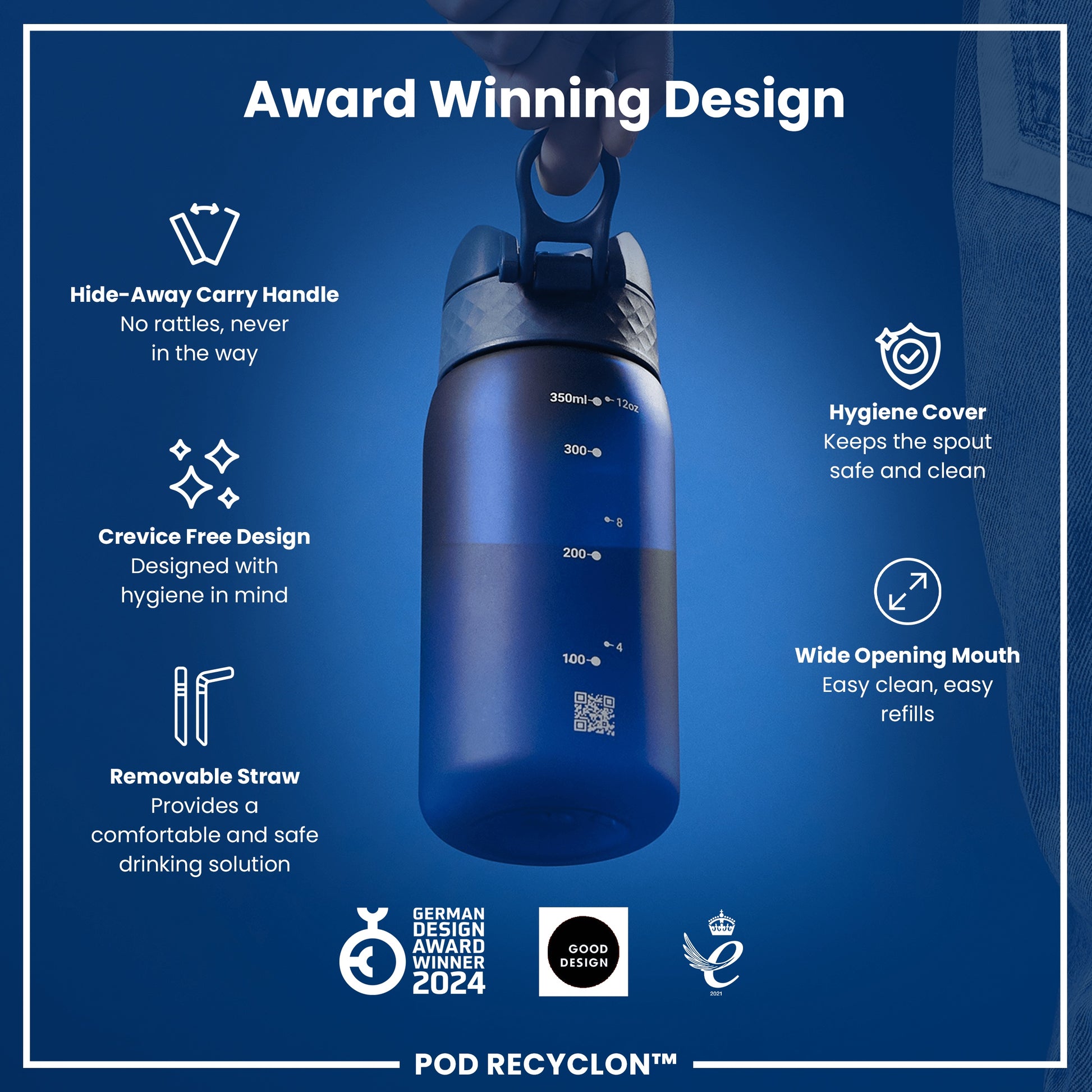 A blue water bottle is being held. It features a hide-away handle, removable straw, and wide mouth. The bottle is an award-winning design, emphasizing hygiene. 350ml - 12oz.