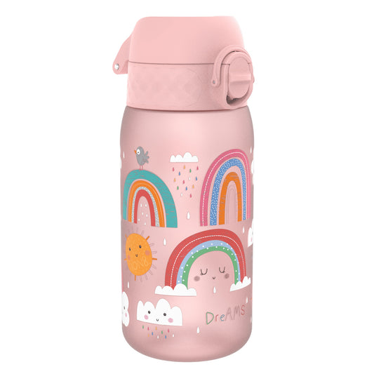 A pink children's water bottle, decorated with rainbows, clouds, and a sun, sits on a white background. Dreams.