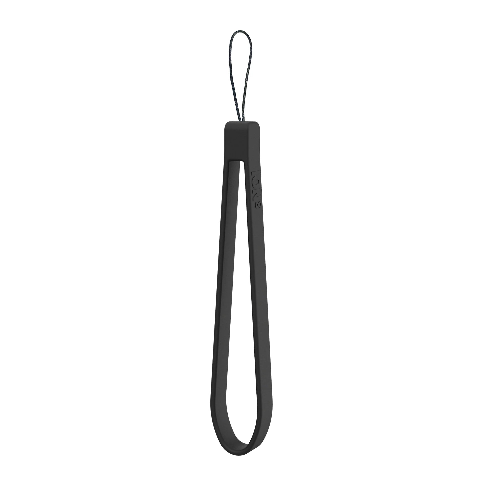 A black silicone tong suspended vertically with a loop at the top for hanging on a plain white background; embossed text reads "ION8".