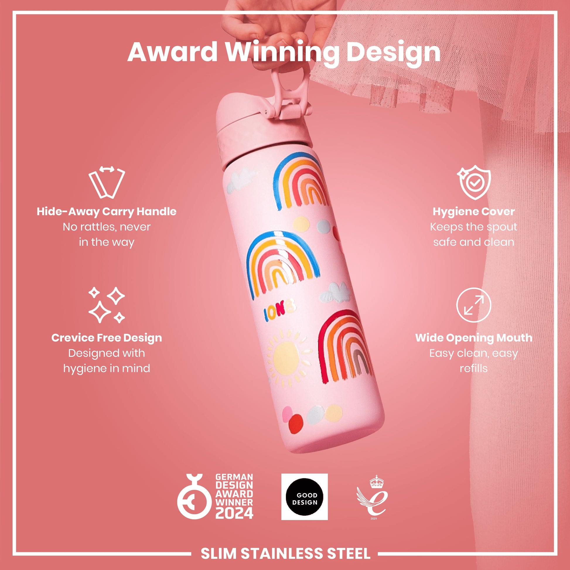 A pink, rainbow-decorated water bottle is being held. It features a hide-away handle, crevice-free design, hygiene cover, and wide mouth. Awards won in 2021 and 2024 are noted.