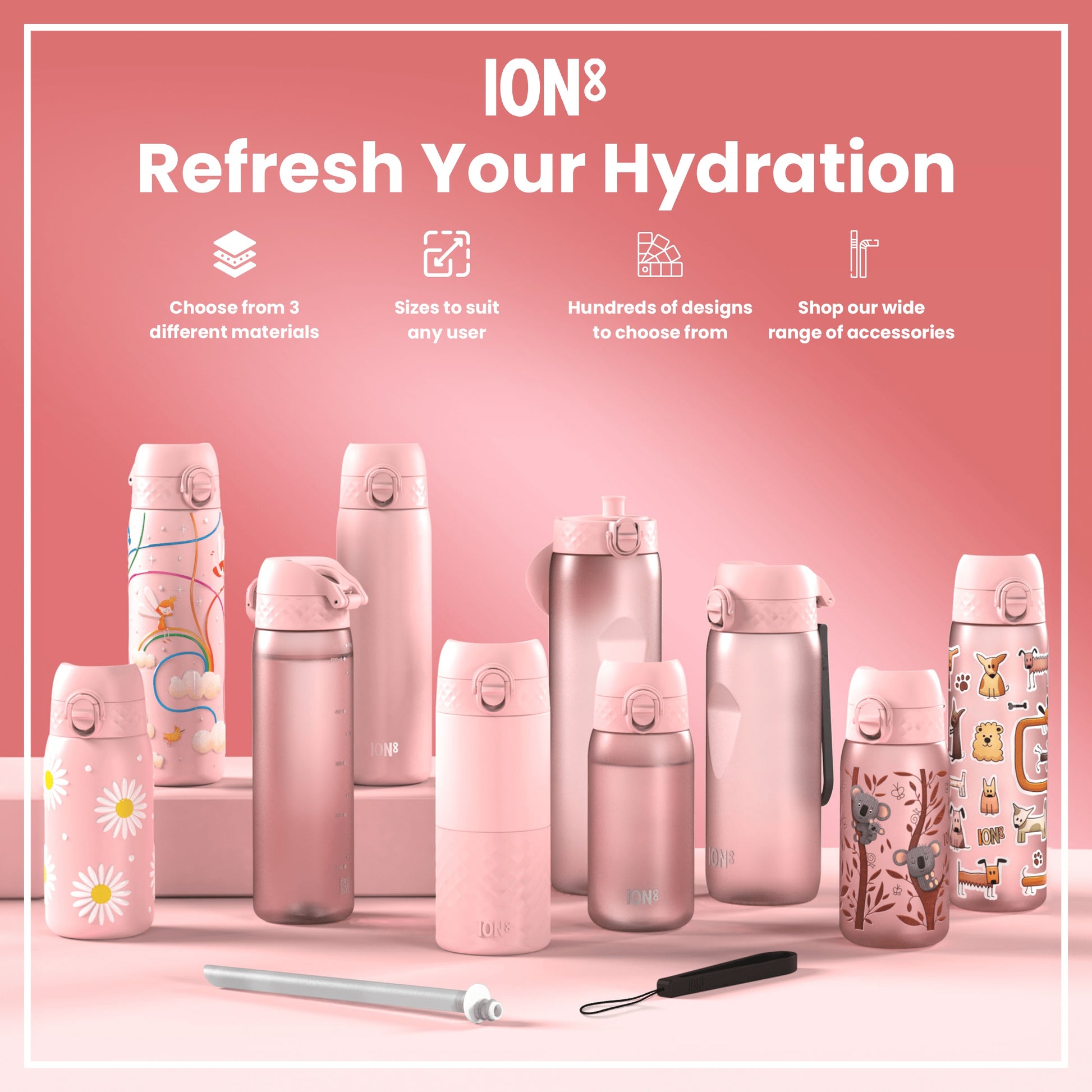 Several pink water bottles, varying in size and design, are displayed on a pink surface. They feature different patterns and materials. The scene promotes hydration and ION8 brand accessories.