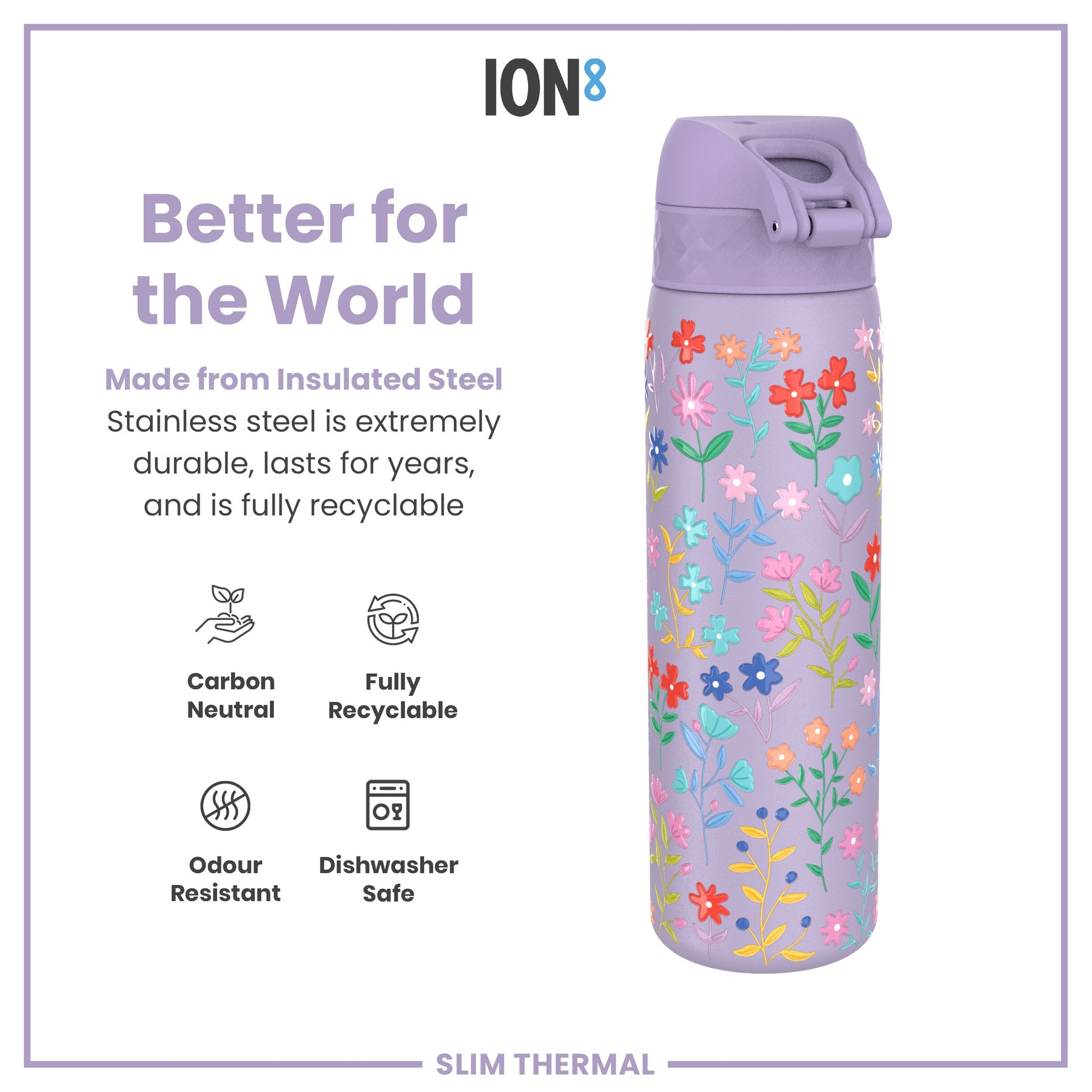 A lavender-colored, floral-patterned water bottle sits against a white background. It's made of insulated stainless steel, is recyclable, and dishwasher safe. The bottle is shown in an advertisement promoting its eco-friendly features.