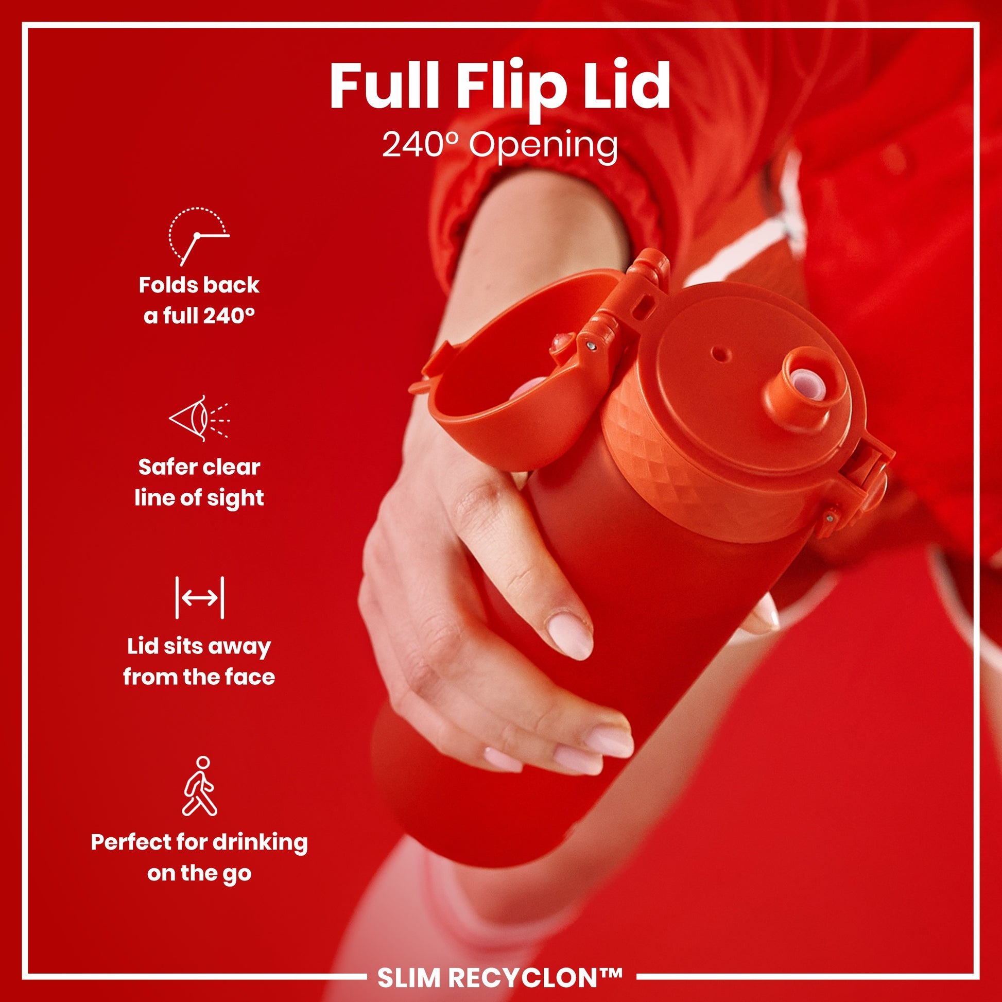A hand holds an orange bottle with a full flip lid that opens 240 degrees; the bottle is showcased against a red background. The text advertises the lid's features: “Full Flip Lid,” “240° Opening,” and more.