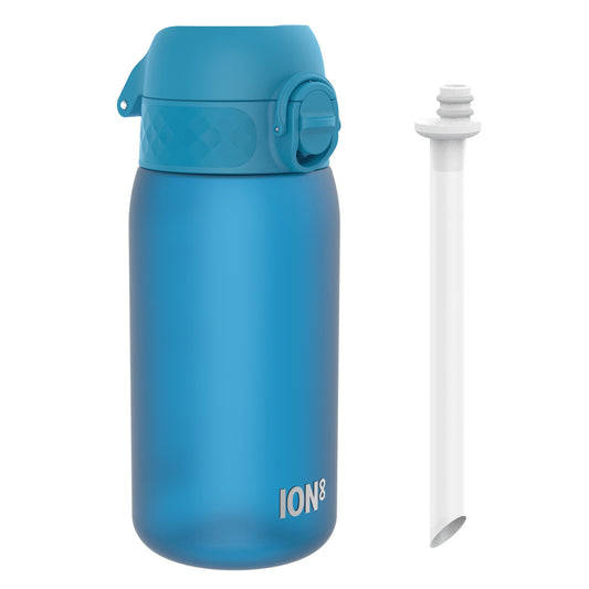 A blue water bottle sits beside its detached straw; the bottle is labeled "ION8".