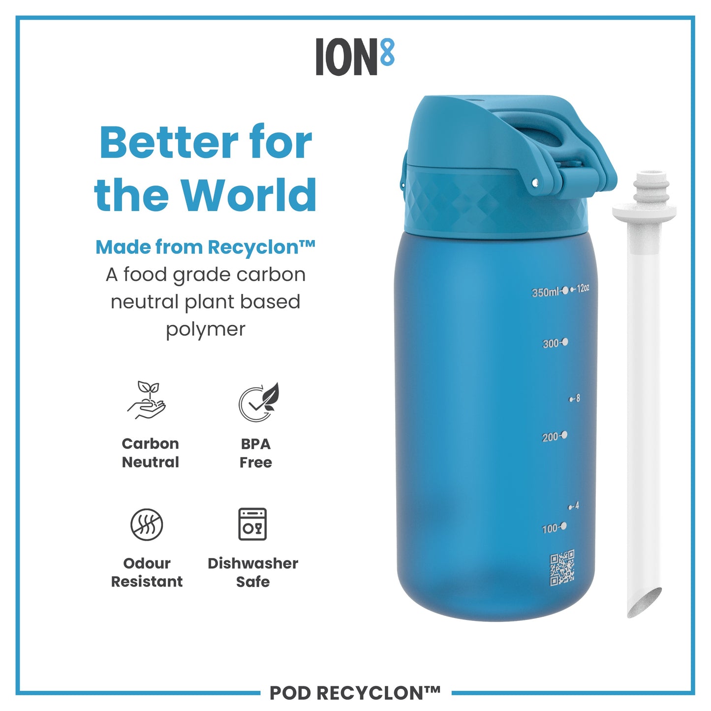 A blue water bottle sits against a white background. It is made from Recyclon™, a food-grade, carbon-neutral plant-based polymer, and is BPA free, odour resistant, and dishwasher safe. The bottle shows volume markings and a QR code.