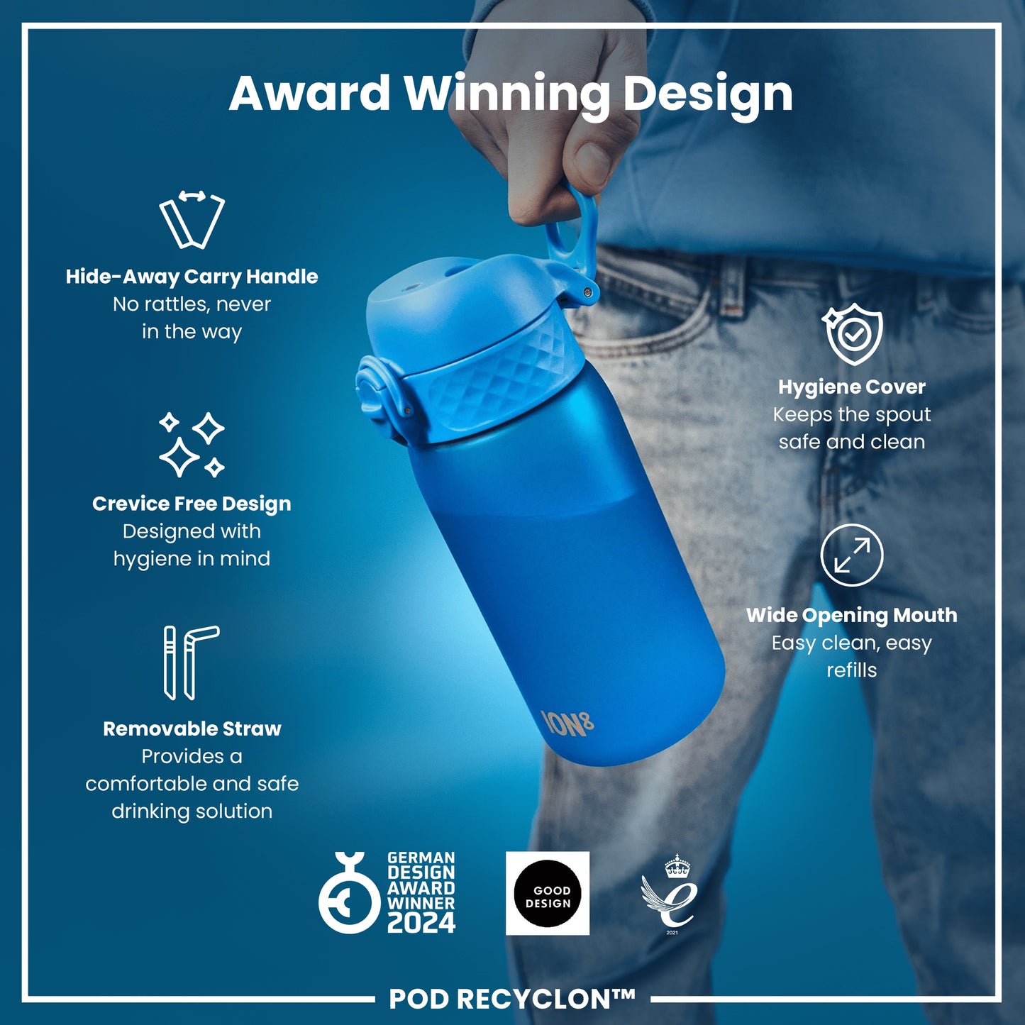 A blue water bottle is being held; it has a handle, wide mouth, removable straw, and hygiene cover. The bottle is an award-winning design.