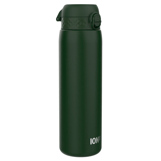 A dark-green ION8 water bottle stands upright against a white background. The bottle has a dark-green screw-top lid.