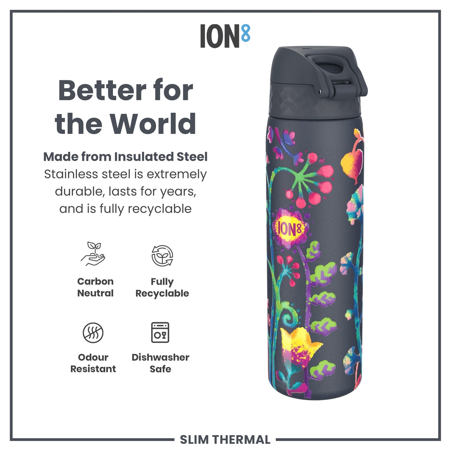 A dark-grey, floral-patterned insulated steel water bottle sits against a white background. The bottle is described as carbon neutral, fully recyclable, odour resistant and dishwasher safe.