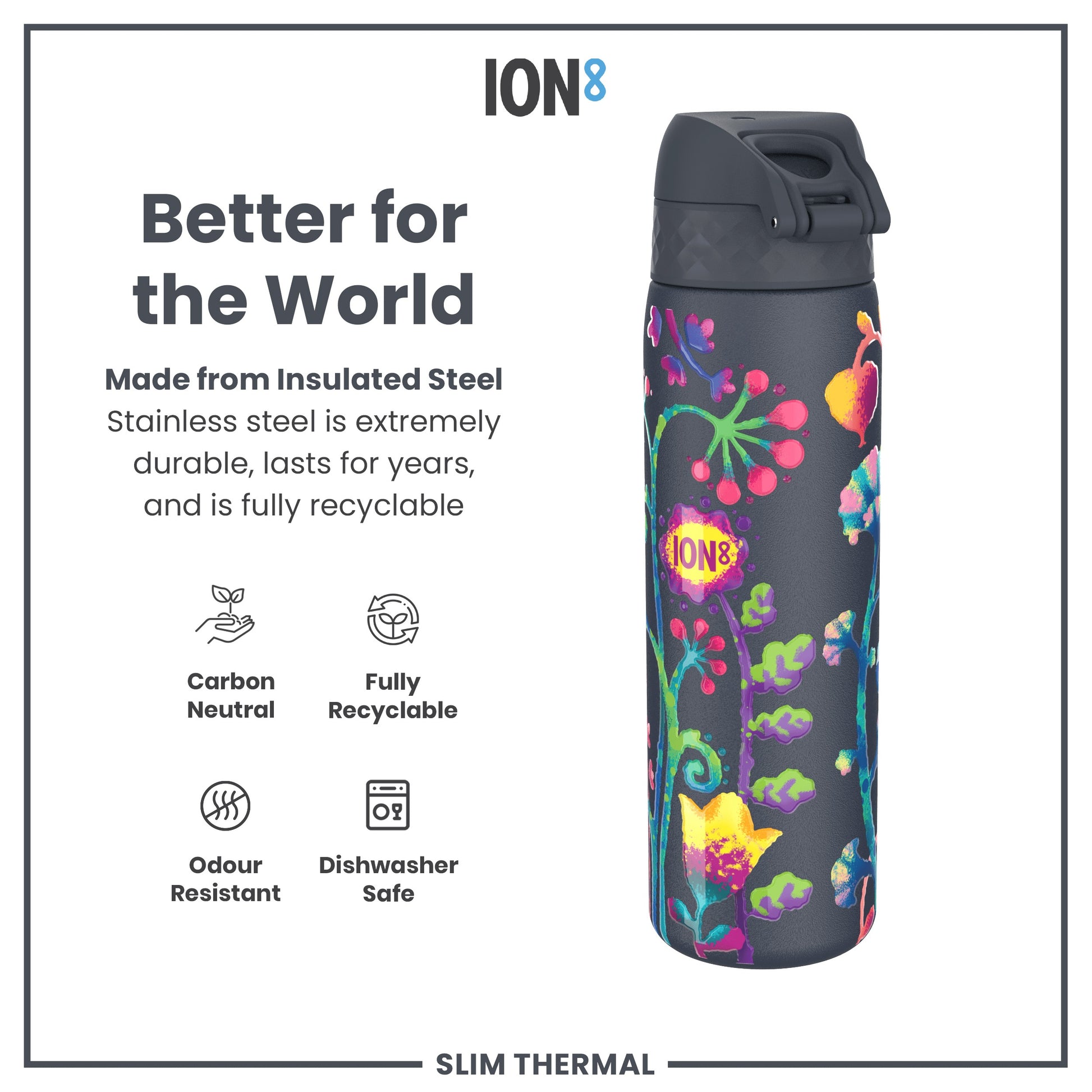 A dark-grey, floral-patterned insulated steel water bottle sits against a white background. The bottle is described as carbon neutral, fully recyclable, odour resistant and dishwasher safe.