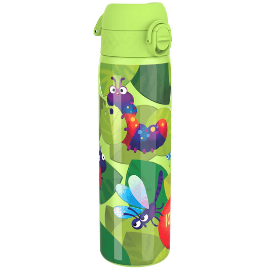 A green water bottle, featuring cartoon insects, stands upright against a white background.
