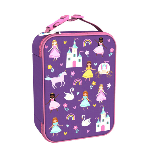 Purple lunchbox featuring princesses, unicorns, swans, castles, rainbows, and flowers. Pink zipper and handle accentuate the design, creating a whimsical, fairytale theme perfect for children.
