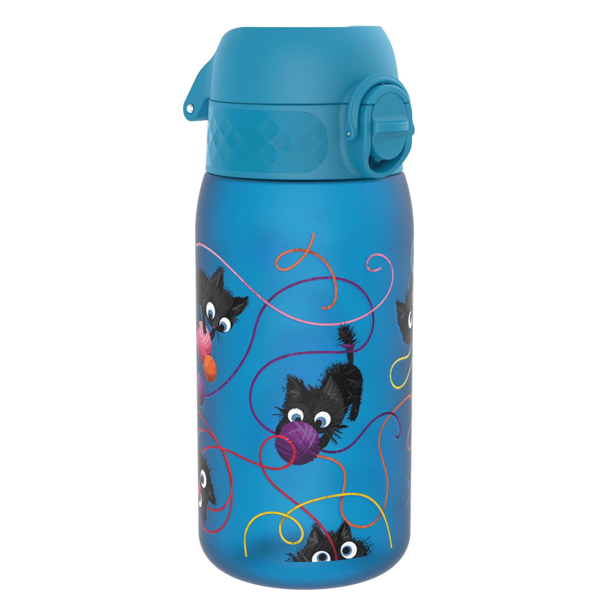 A blue water bottle, featuring playful black cats and yarn, sits on a white background.