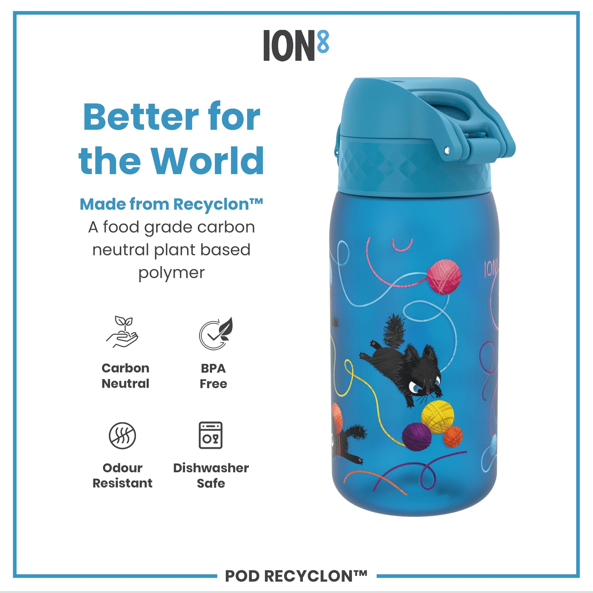 A blue water bottle, featuring a playful cat design, sits against a white background. It's made from a plant-based polymer, is BPA-free, odour-resistant, and dishwasher-safe. The bottle's label advertises its sustainability.