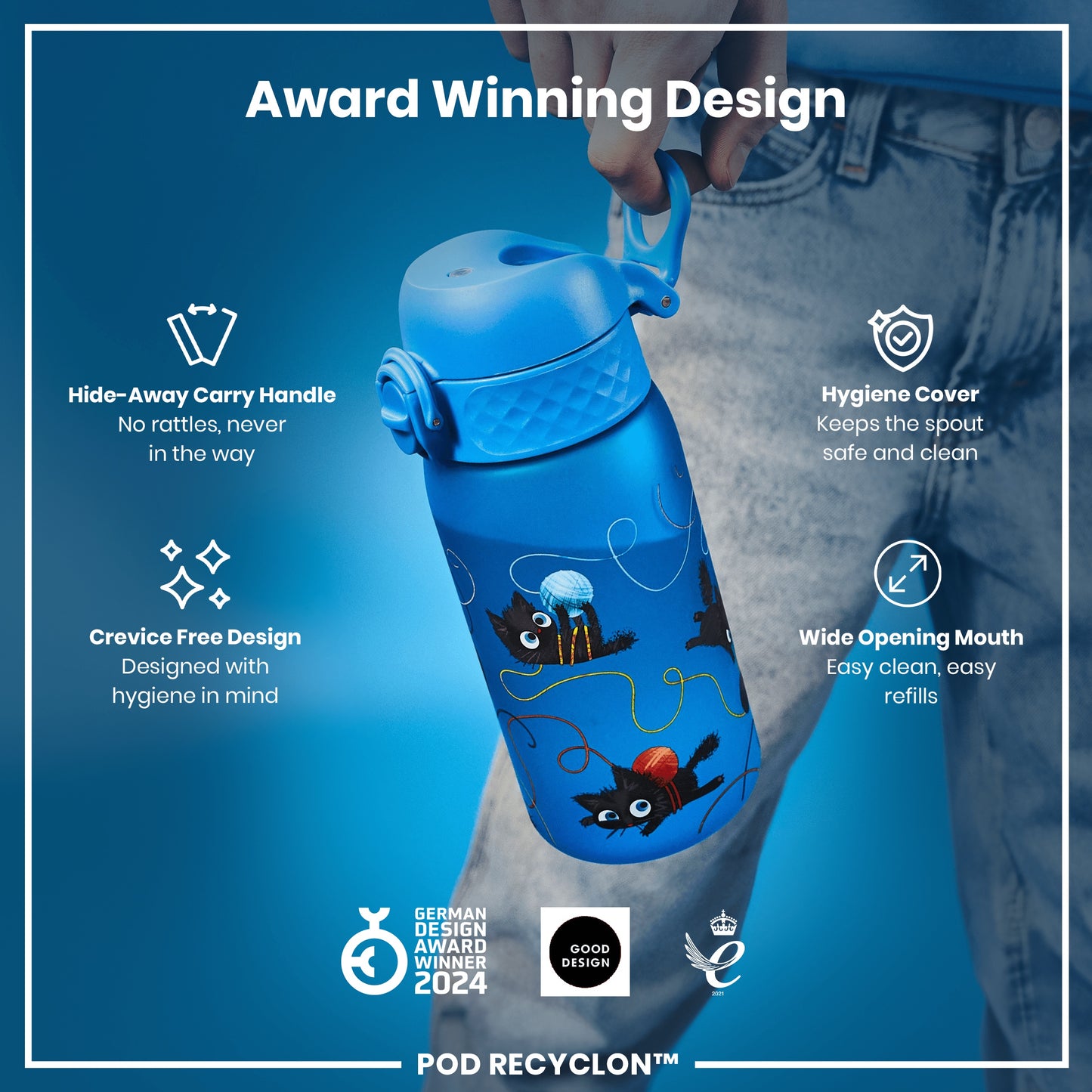A blue water bottle, featuring playful cat illustrations, is being held. Its design includes a hide-away handle, hygiene cover, and wide mouth for easy cleaning and refills. It's an award-winning design.