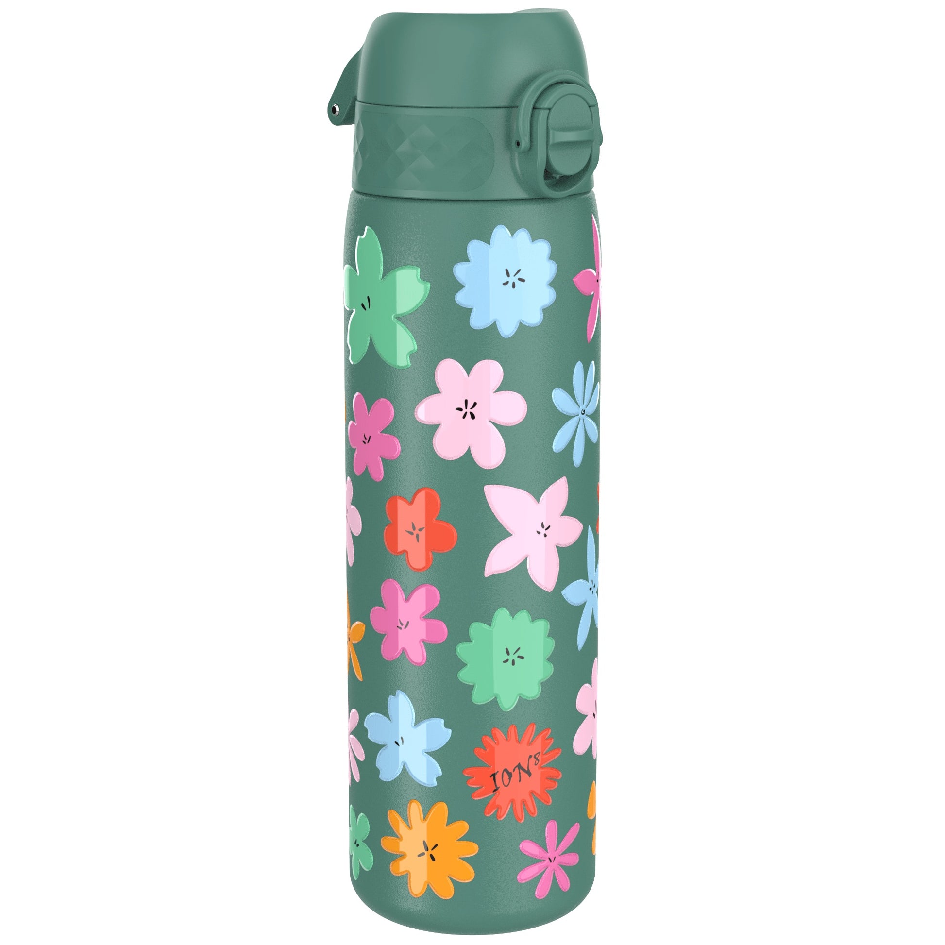 A teal water bottle, adorned with colorful flowers, stands against a white background. The bottle features a hinged lid. The word "IONS" is subtly printed near the base.