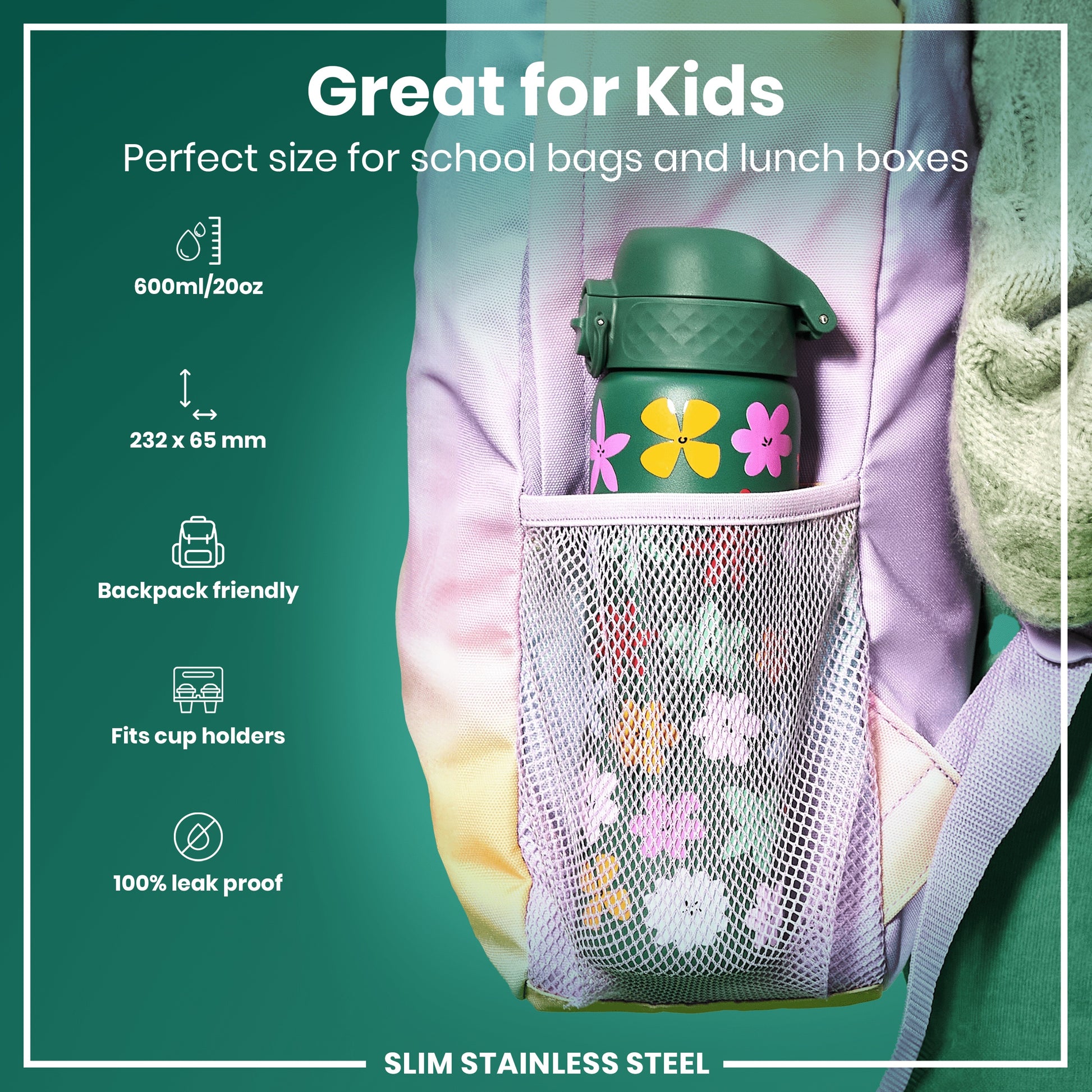 A green, flower-decorated water bottle fits inside a pastel purple backpack's mesh pocket. It's 232 x 65 mm, 600ml/20oz, backpack and cup holder friendly, and leakproof.