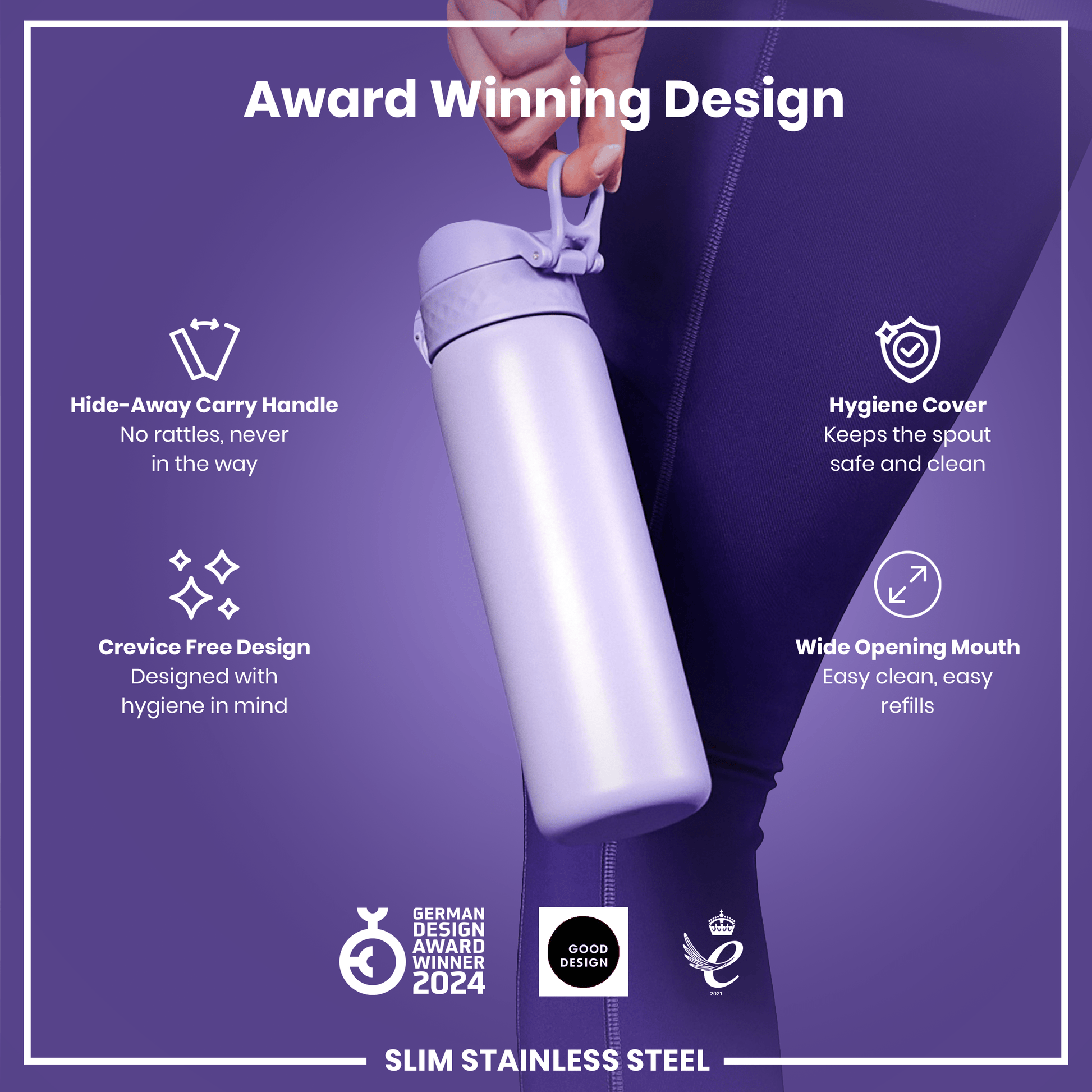 A person holds a lavender-colored, slim stainless steel water bottle against a purple background. The bottle features a hide-away handle, hygiene cover, and wide mouth. Awards from 2021 and 2024 are shown.