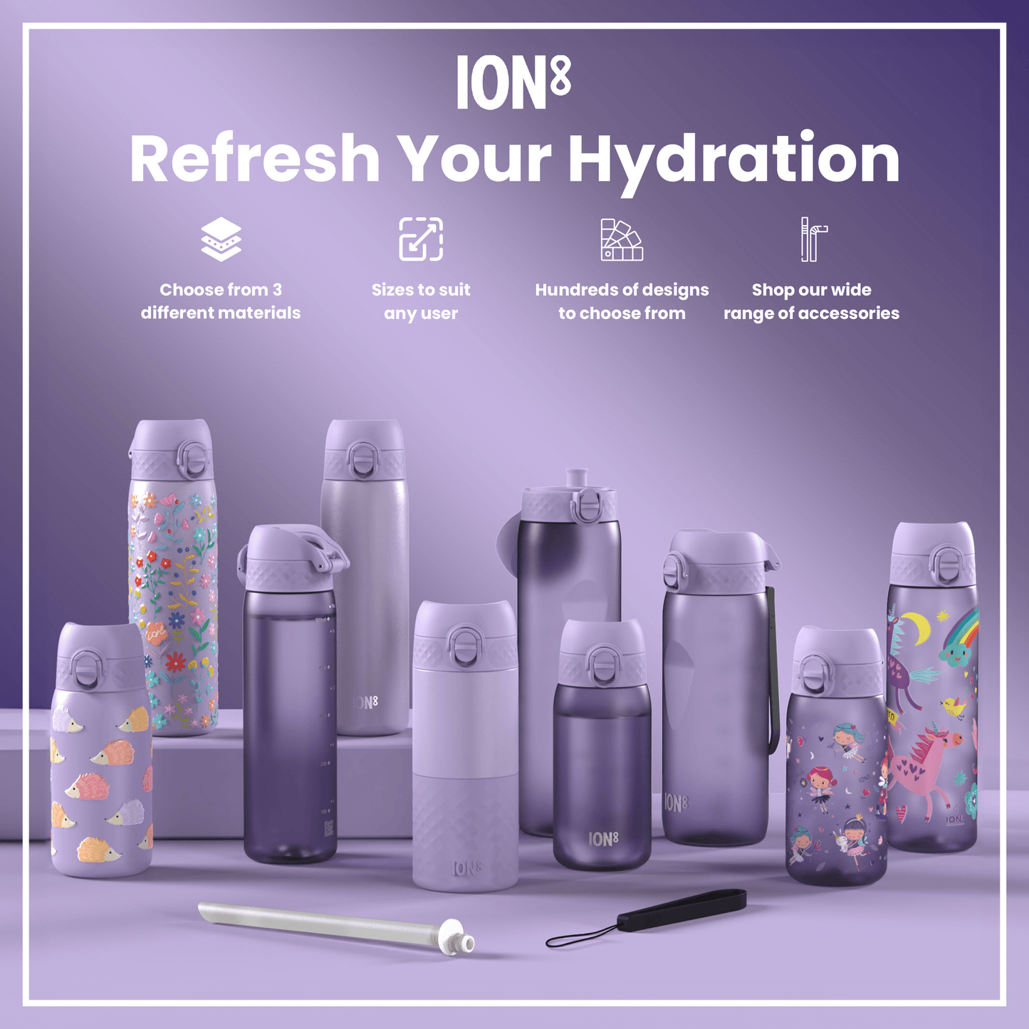 Several water bottles, displaying various sizes and colorful designs, are arranged on a lavender surface; accessories are also shown. ION8 branding is visible.