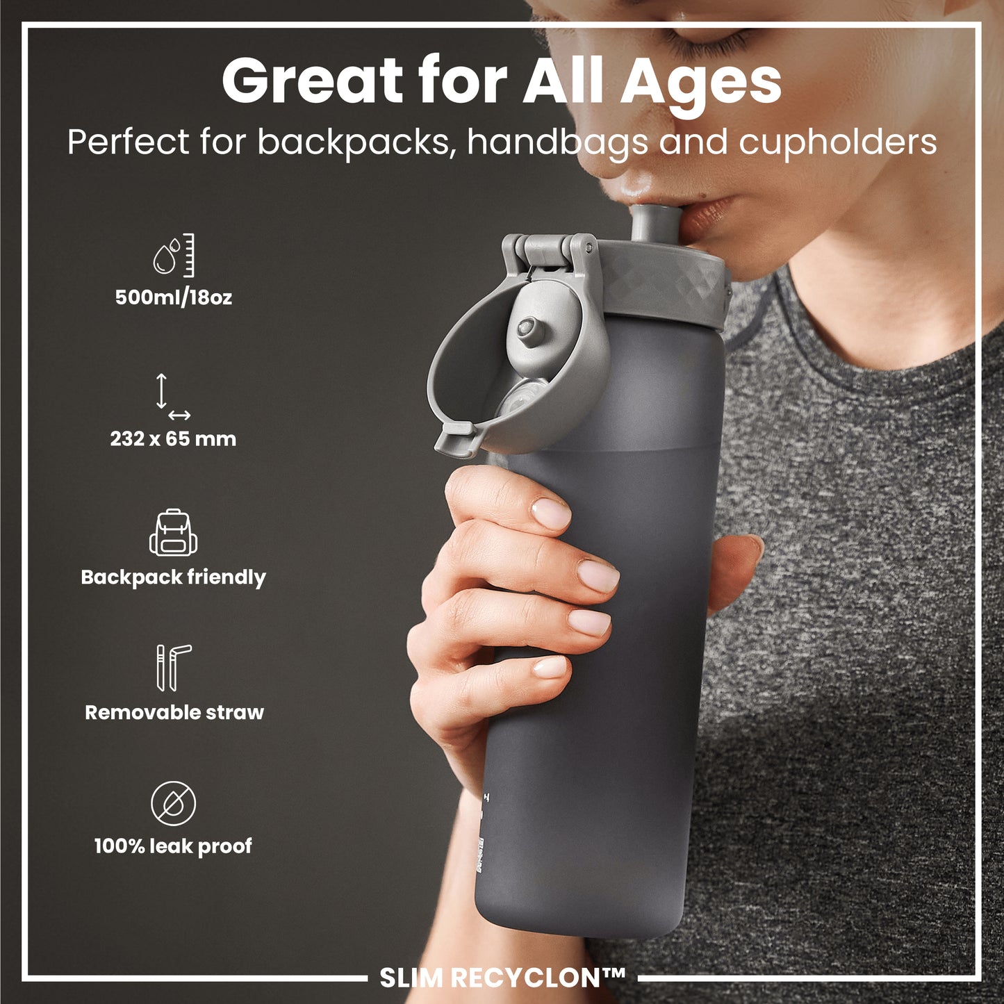 Leak Proof Medium Water Bottle with Straw, Recyclon, Grey, 500ml (18oz)