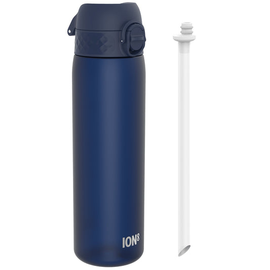 A dark-blue water bottle, with a dark-blue cap and carrying loop, sits beside its detached white straw. ION8 is printed on the bottle.