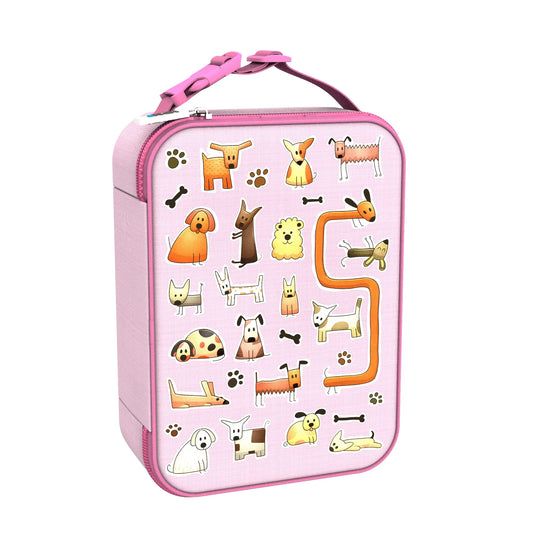 A pink lunchbox featuring various cartoon dogs and playful illustrations such as bones and paw prints scattered across its surface with a pink handle on top.