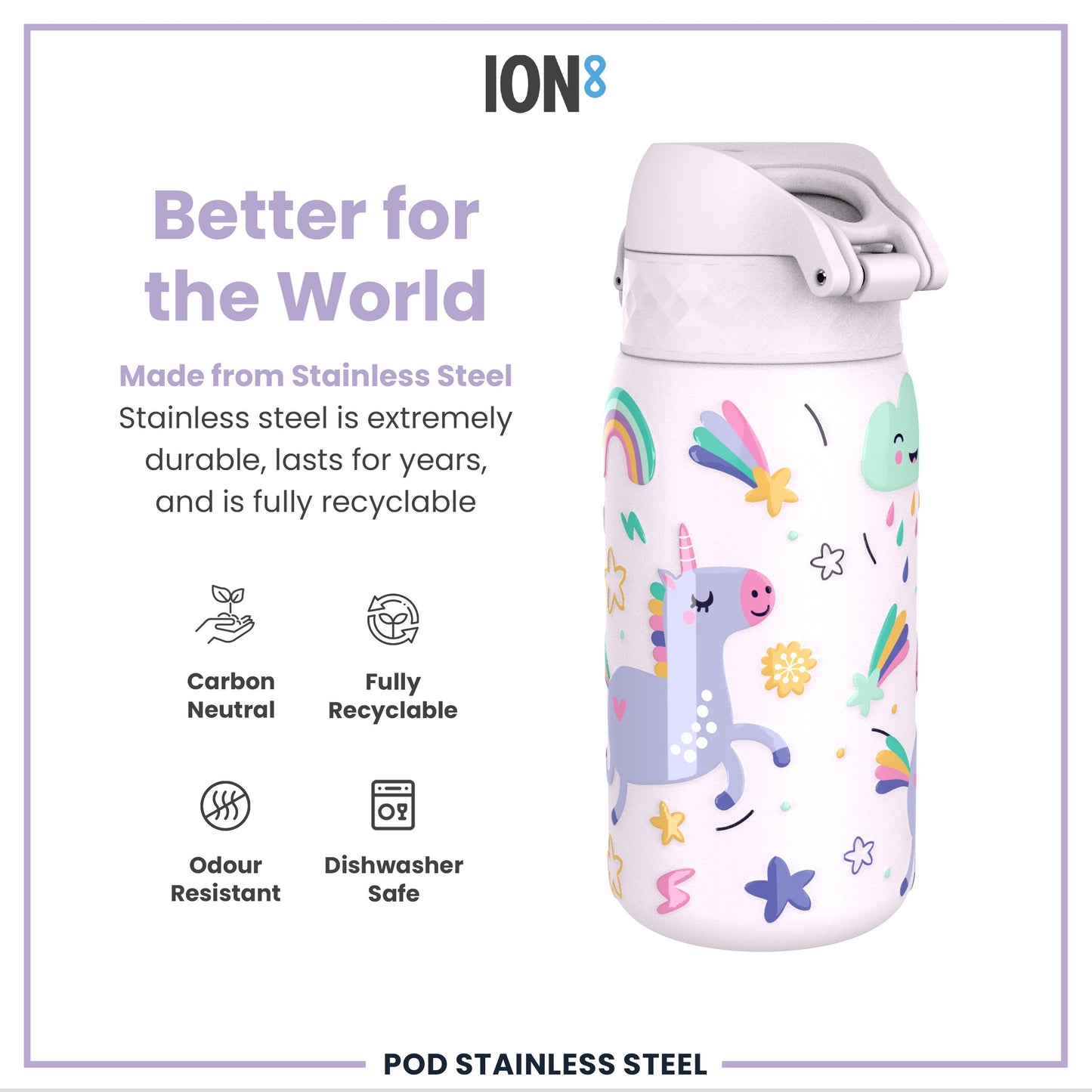Leak Proof Kids Water Bottle, Stainless Steel, Unicorns, 400ml (13oz)