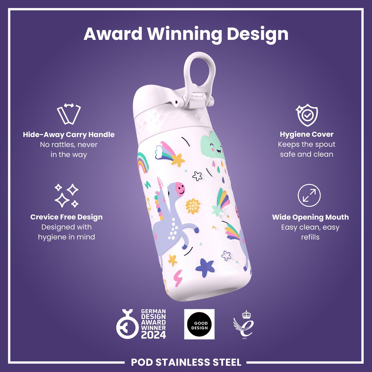 Leak Proof Kids Water Bottle, Stainless Steel, Unicorns, 400ml (13oz)